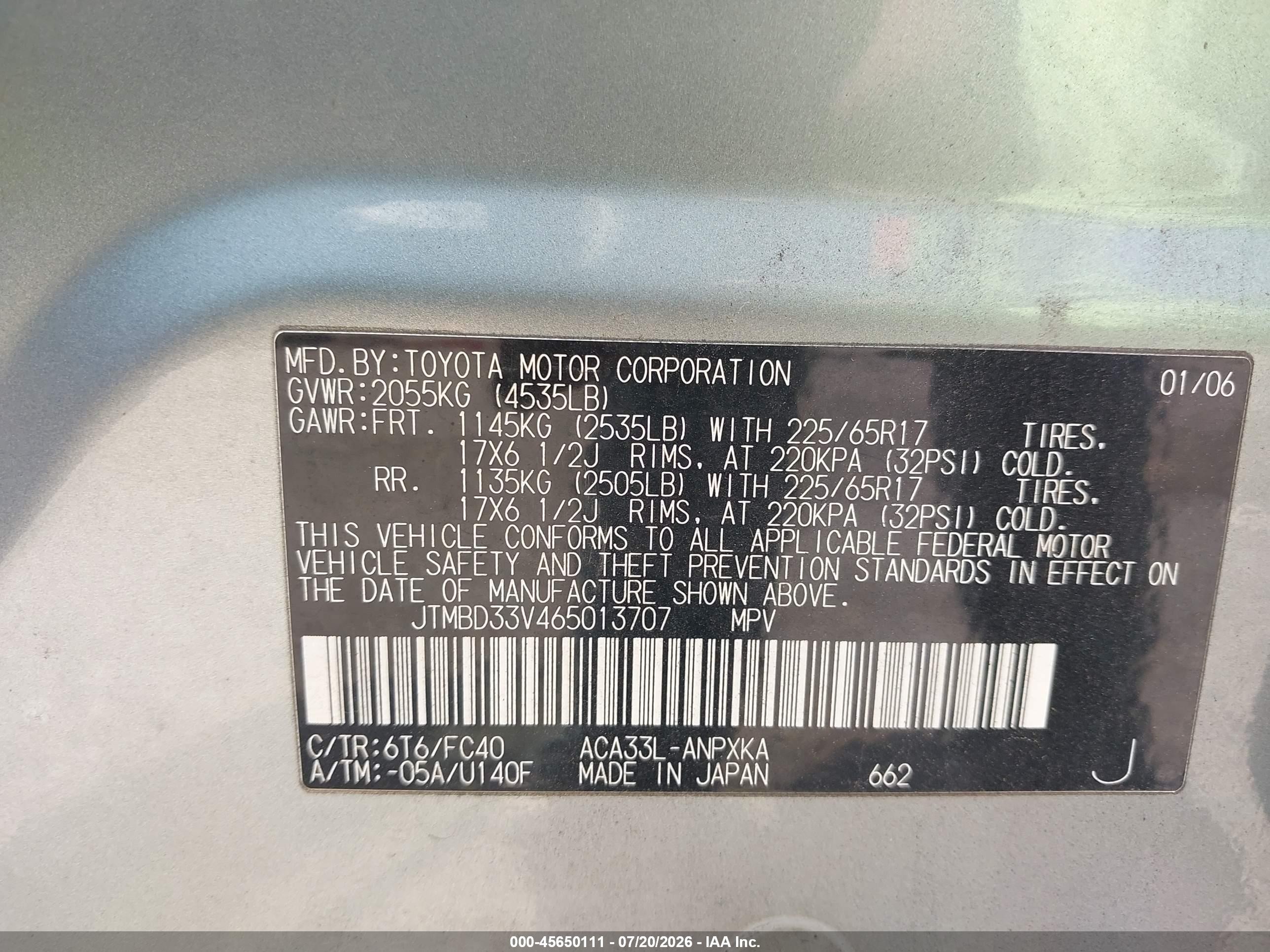 2006 Toyota Rav4   Gray vin: JTMBD33V465013707