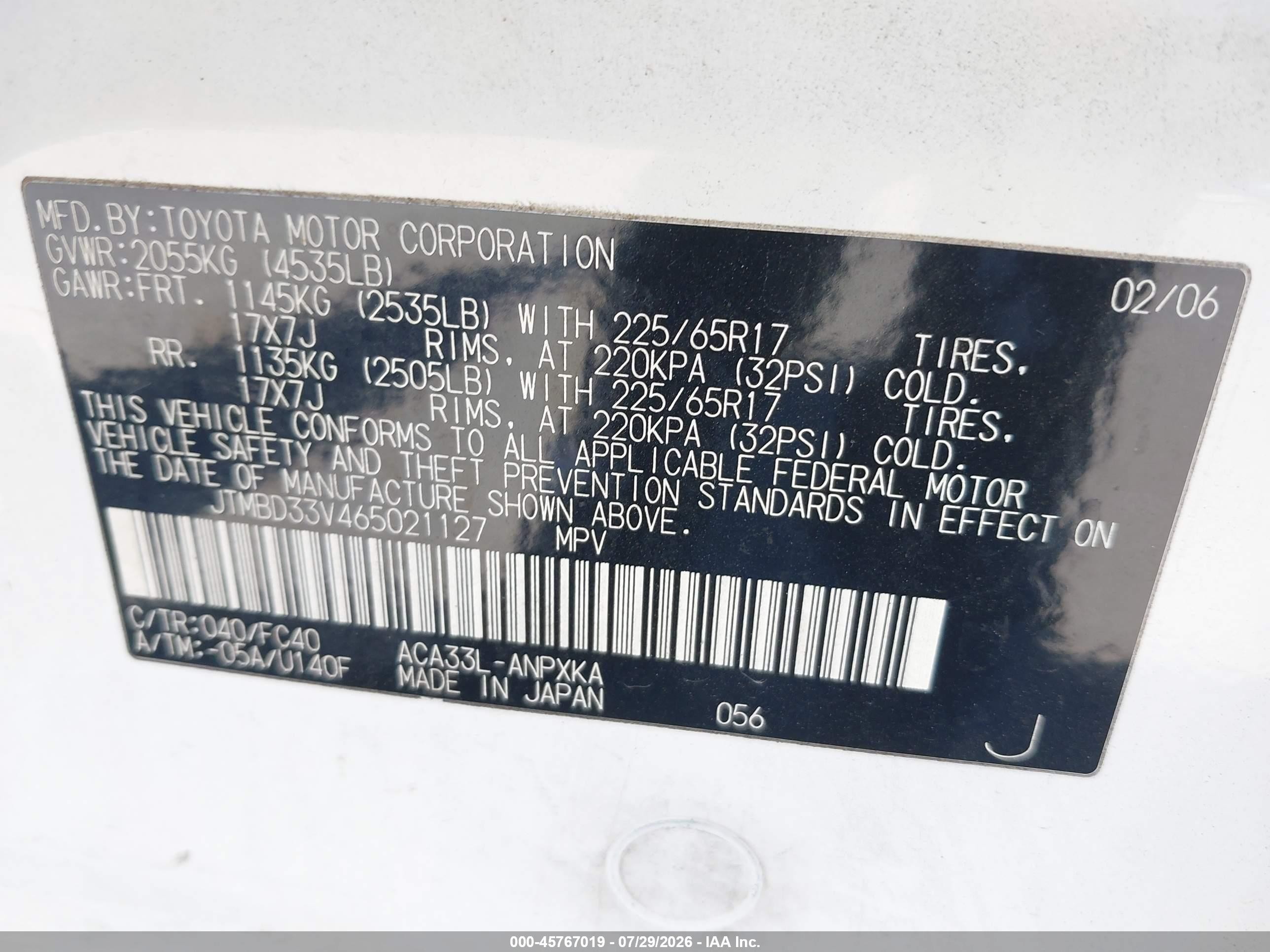 2006 Toyota Rav4   White vin: JTMBD33V465021127