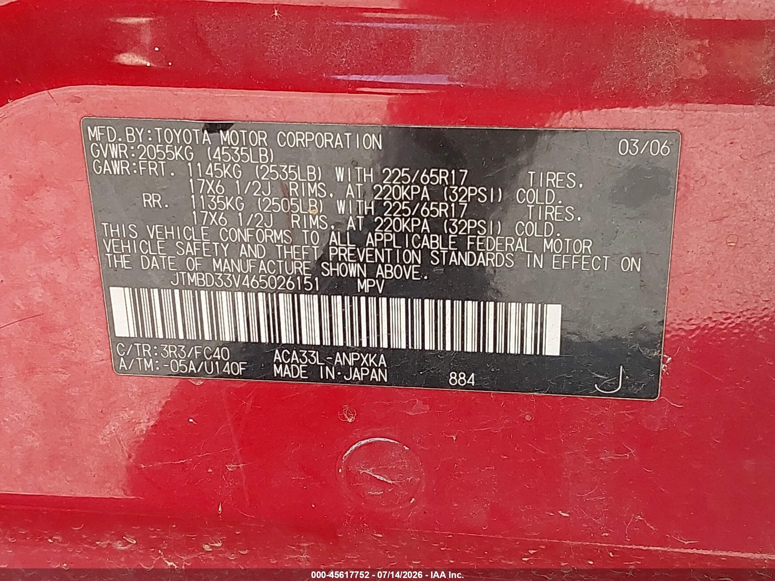 2006 Toyota Rav4   Red vin: JTMBD33V465026151