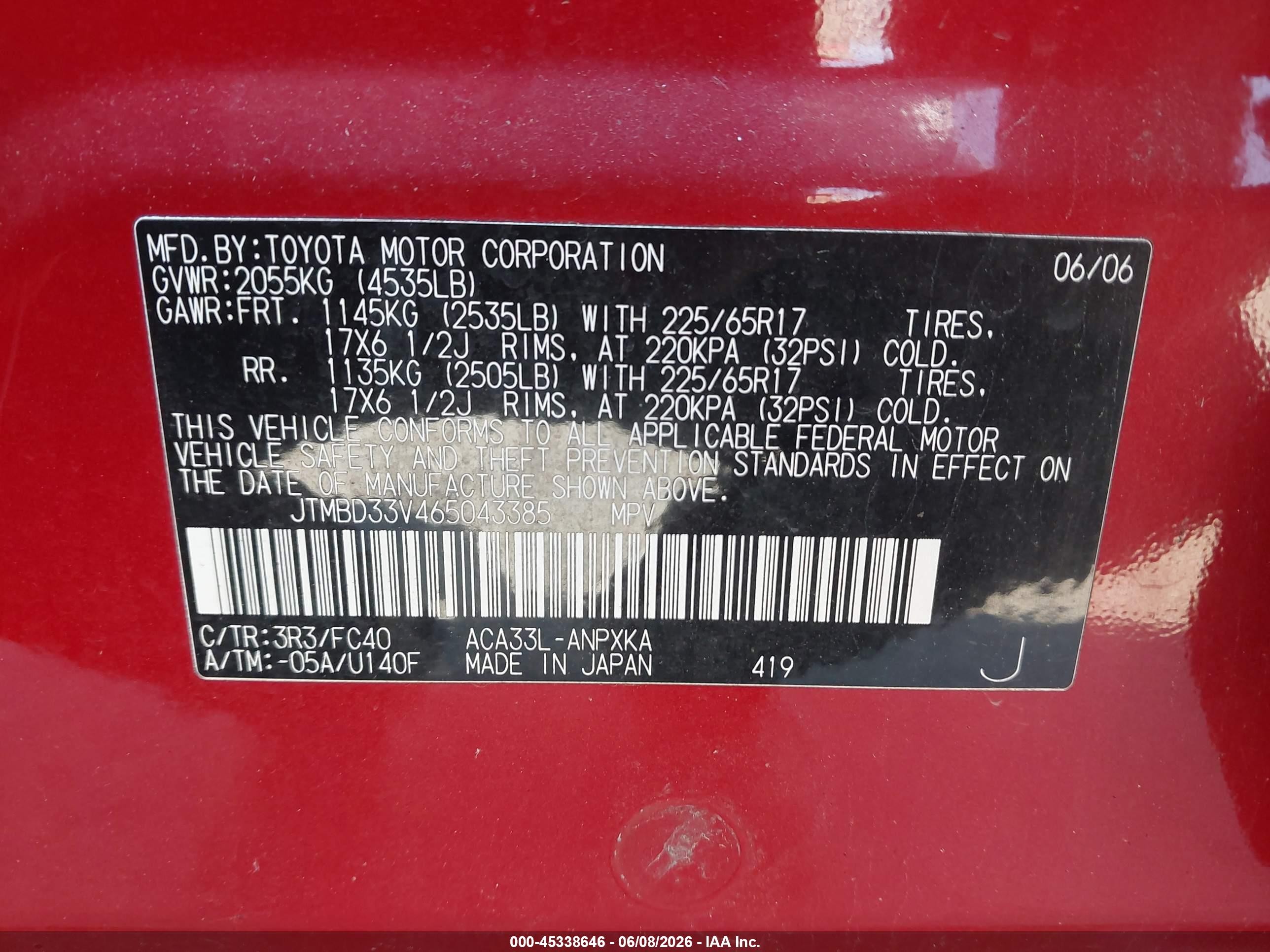 2006 Toyota Rav4   Red vin: JTMBD33V465043385