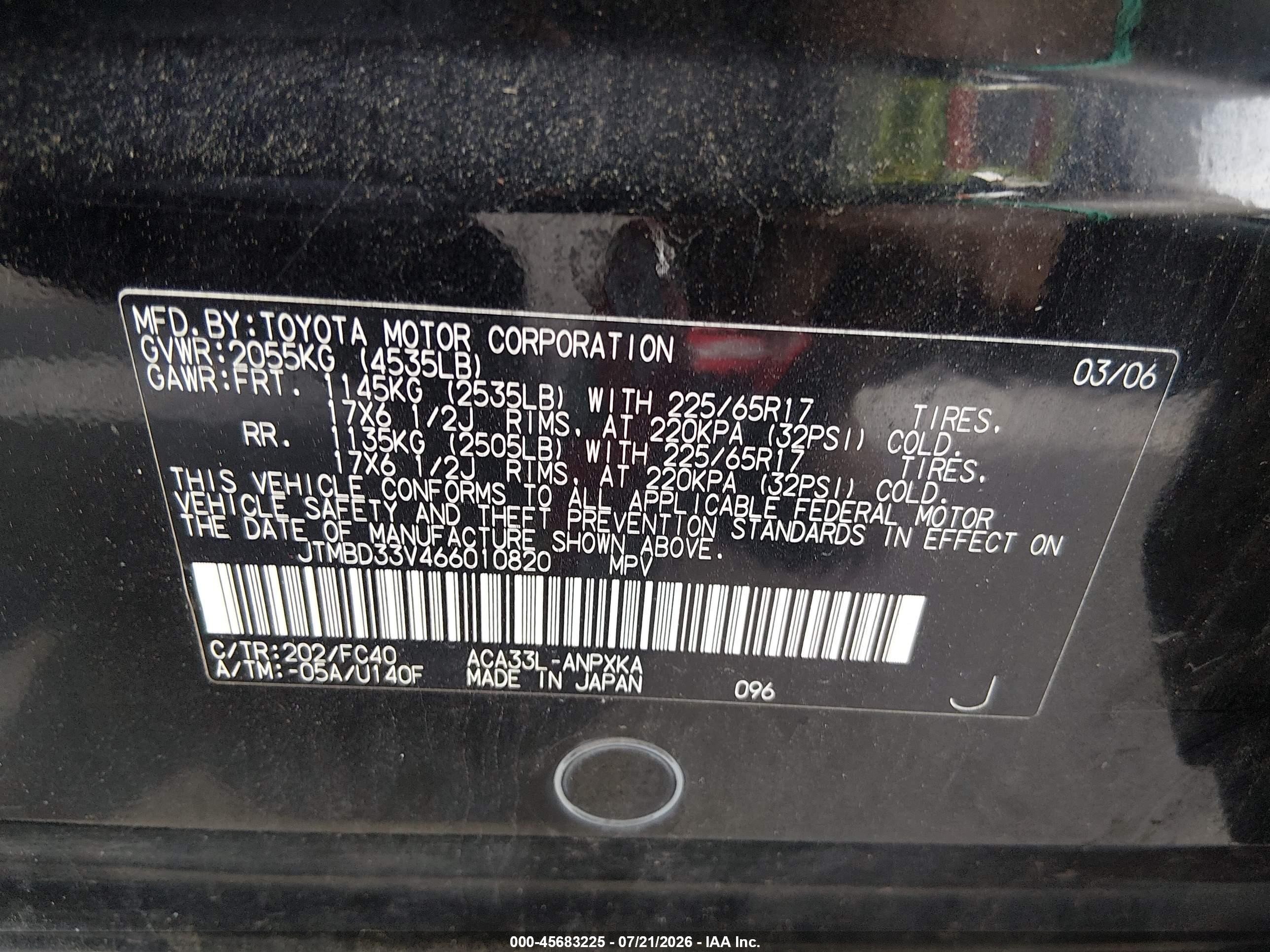 2006 Toyota Rav4   Black vin: JTMBD33V466010820