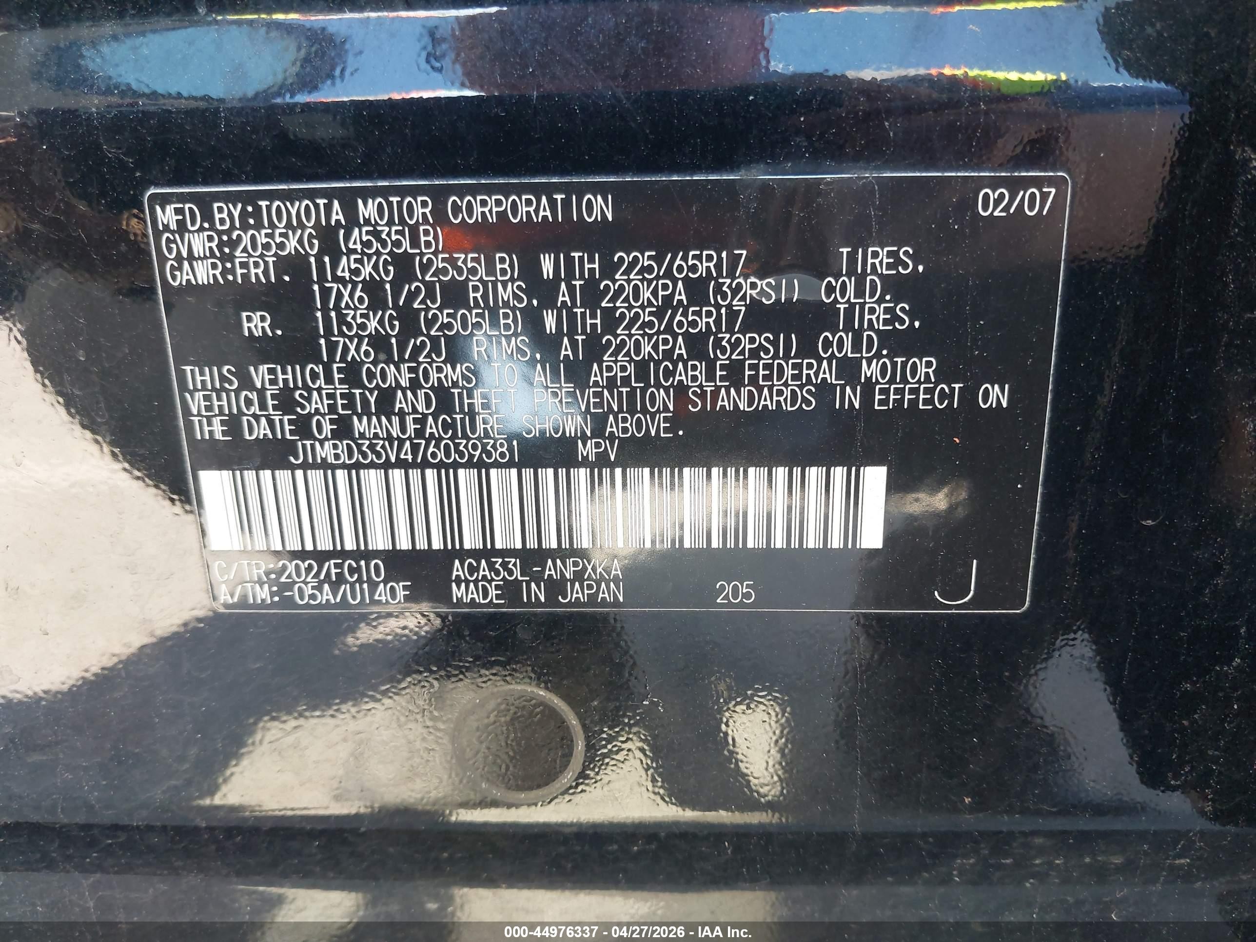 2007 Toyota Rav4   Black vin: JTMBD33V476039381