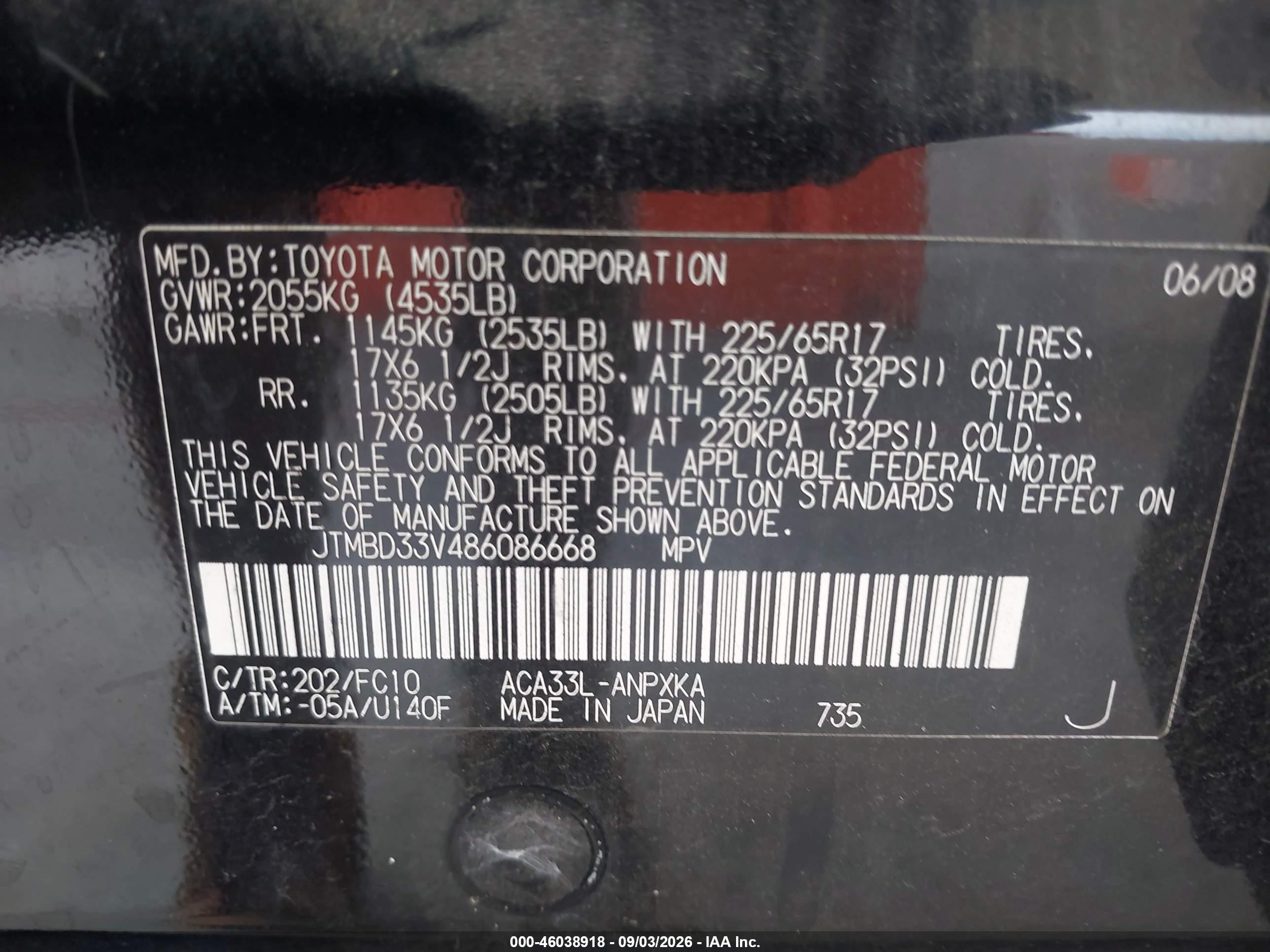 2008 Toyota Rav4   Black vin: JTMBD33V486086668