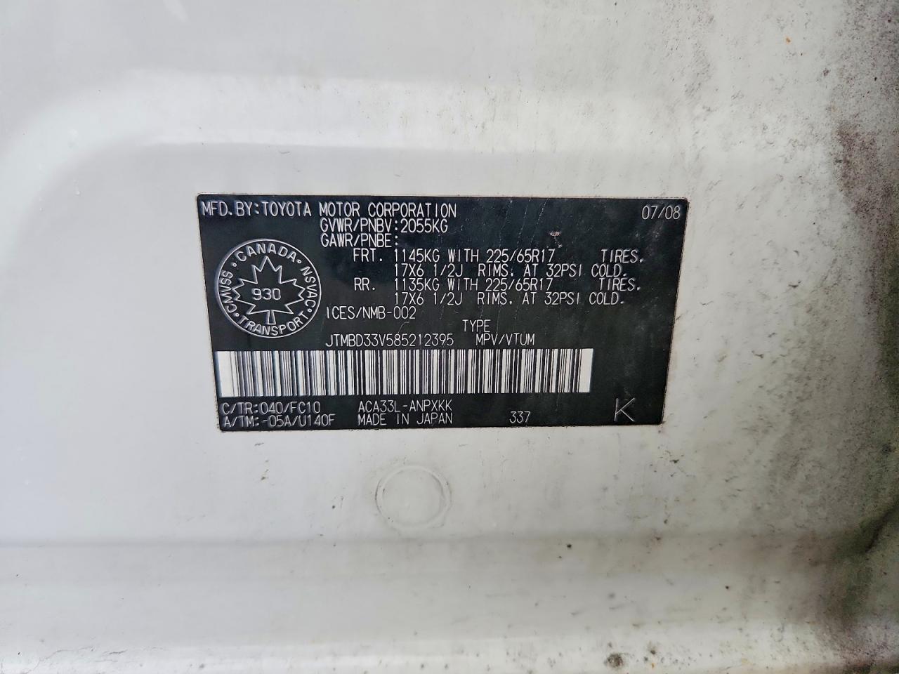 2008 Toyota Rav4 Base White vin: JTMBD33V585212395