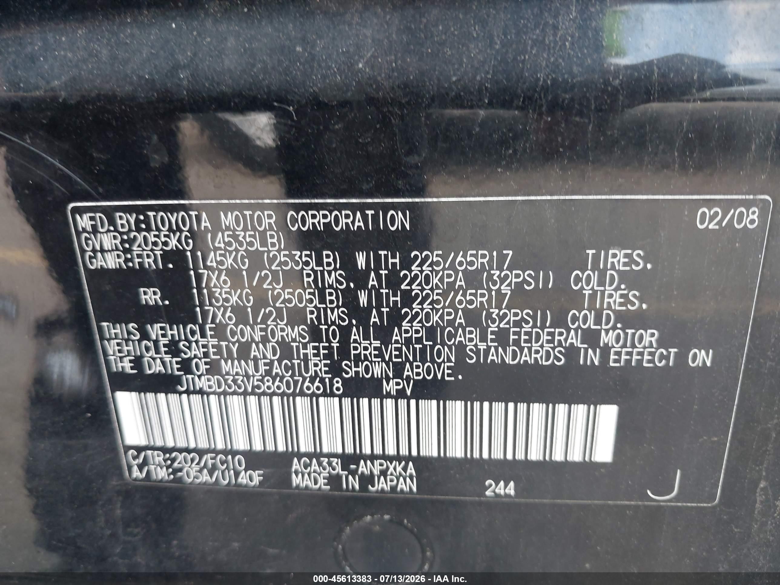 2008 Toyota Rav4   Black vin: JTMBD33V586076618