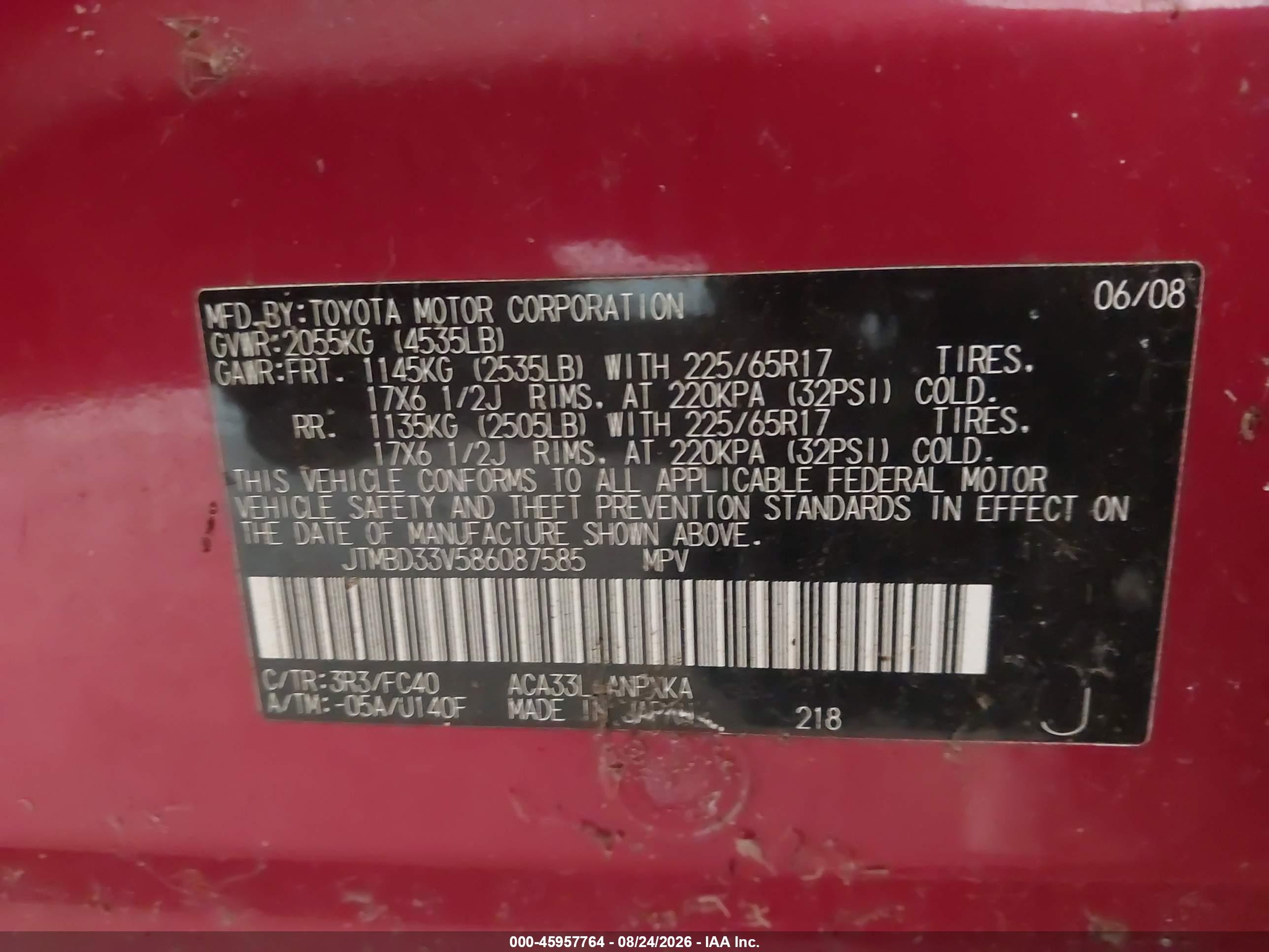 2008 Toyota Rav4   Red vin: JTMBD33V586087585