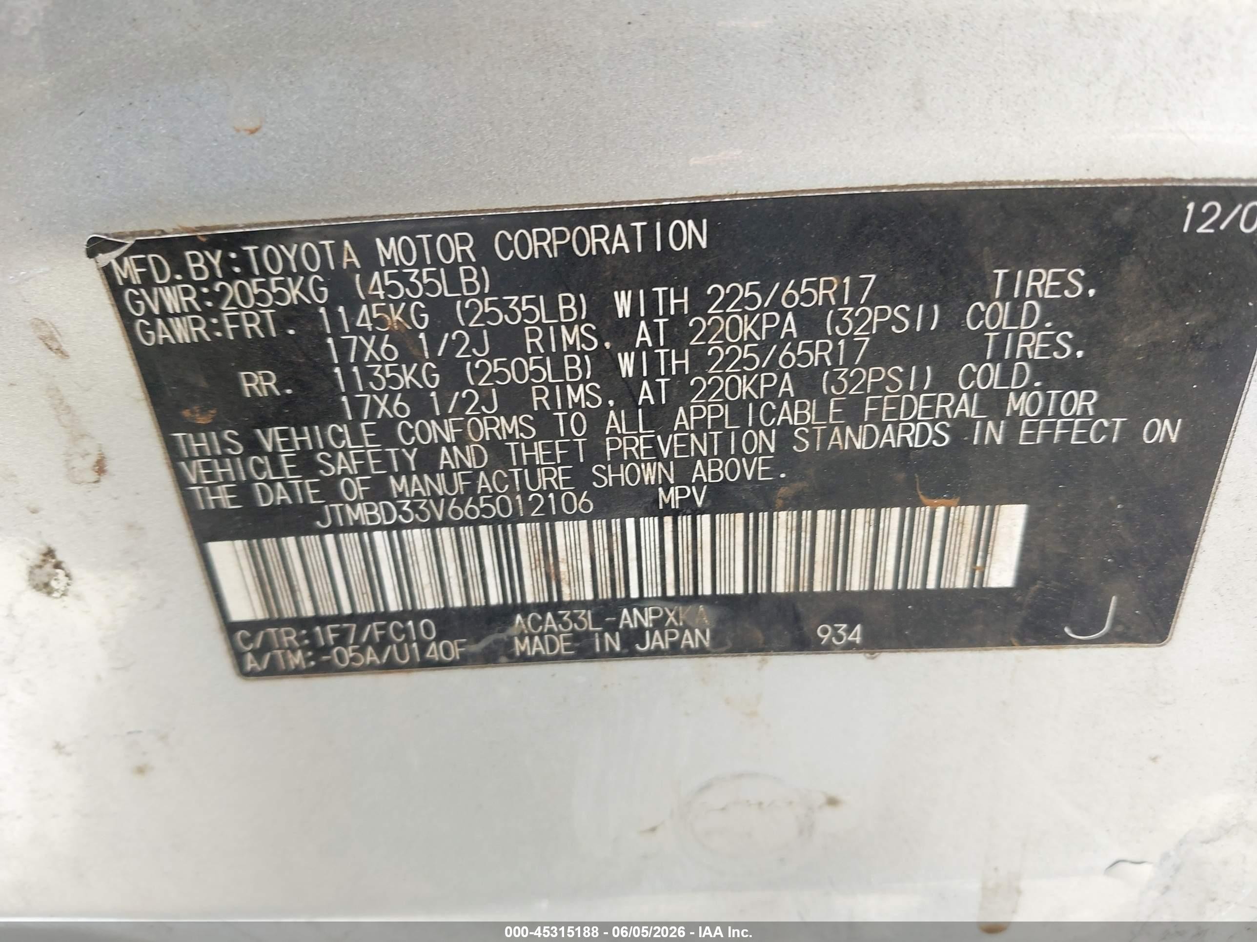 2006 Toyota Rav4   Silver vin: JTMBD33V665012106