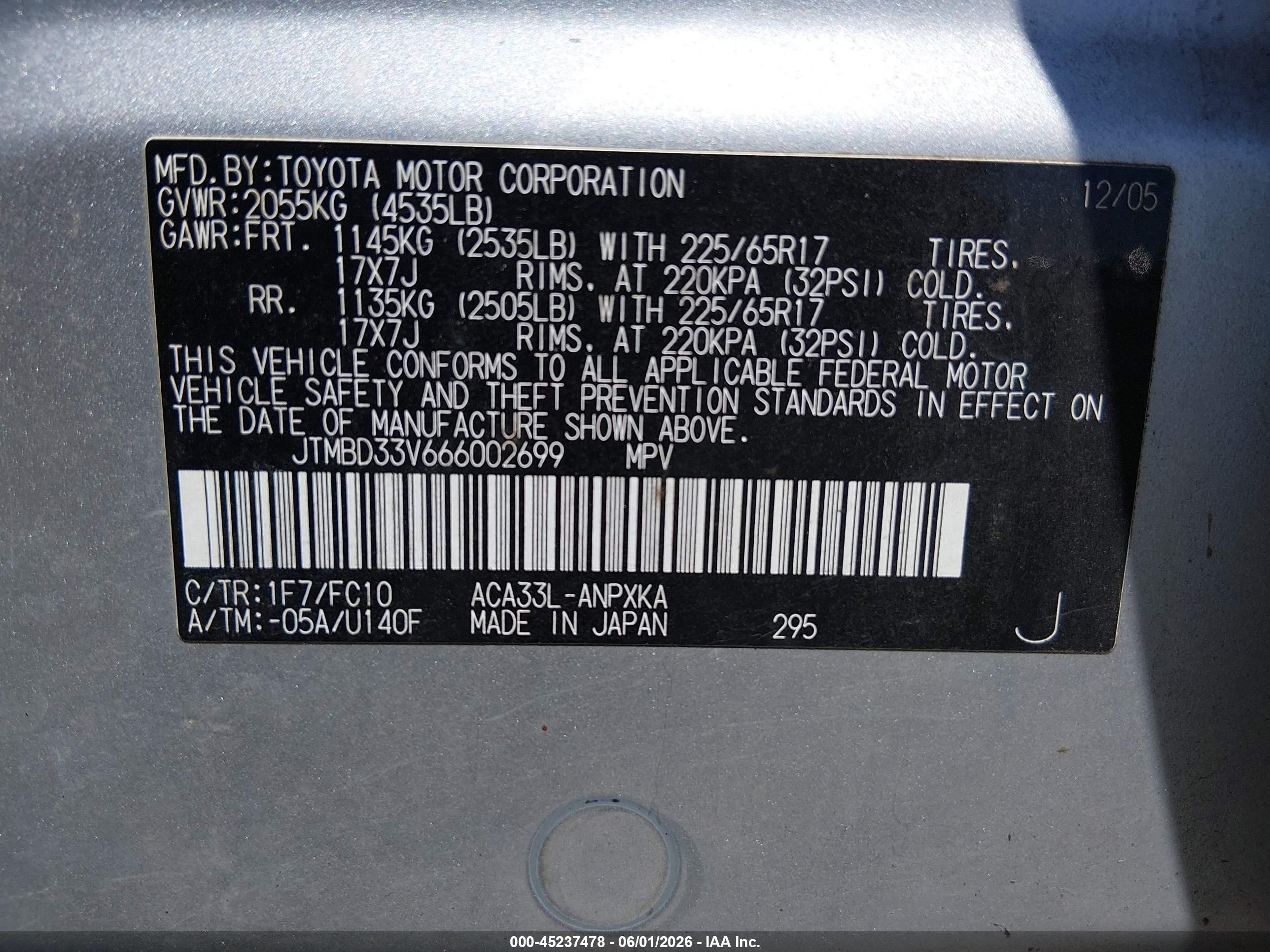 2006 Toyota Rav4   Серебряный vin: JTMBD33V666002699