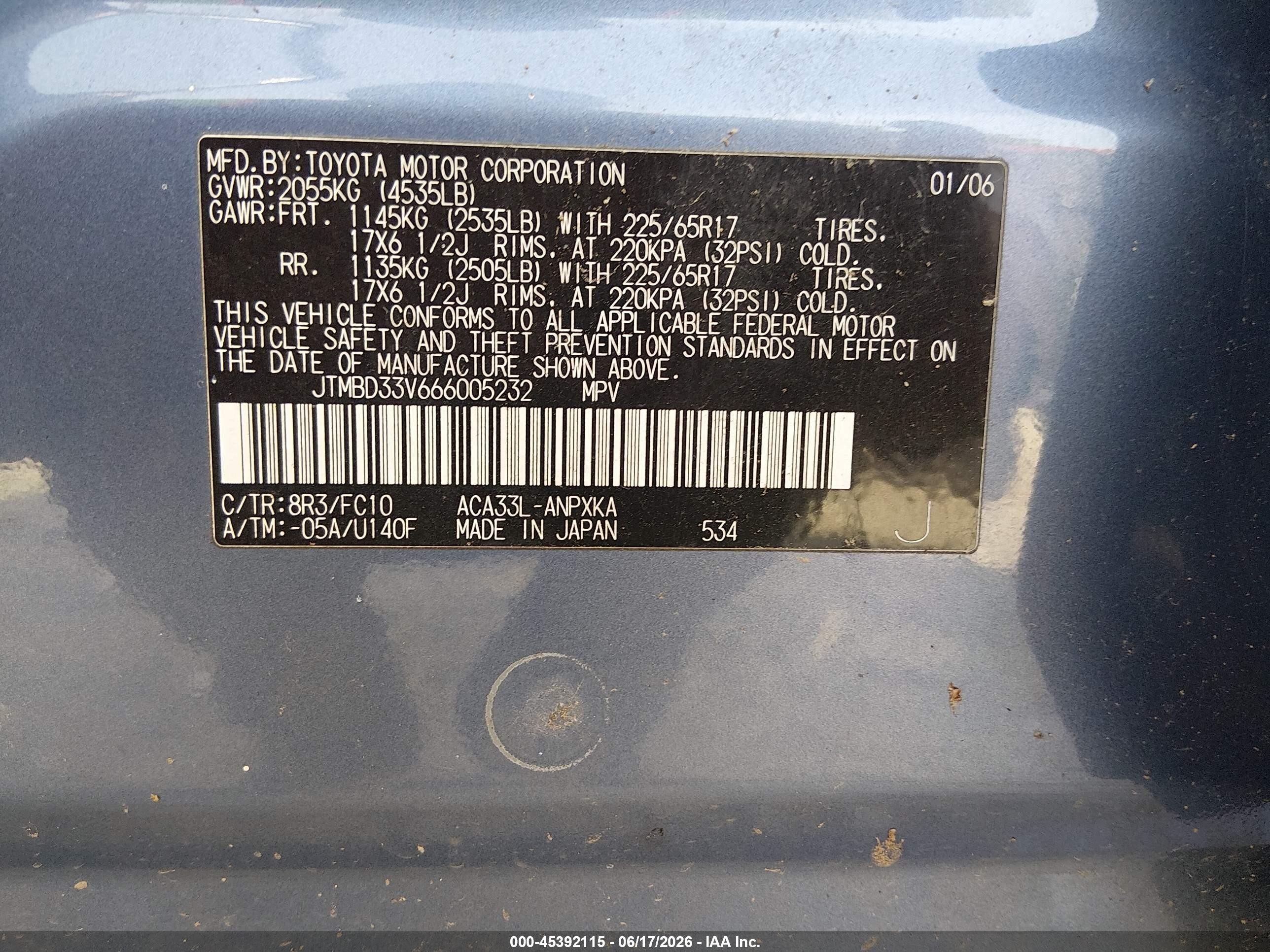 2006 Toyota Rav4   Blue vin: JTMBD33V666005232
