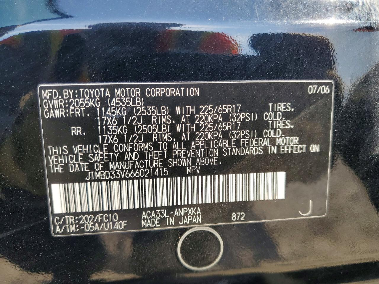 2006 Toyota Rav4 Base Black vin: JTMBD33V666021415