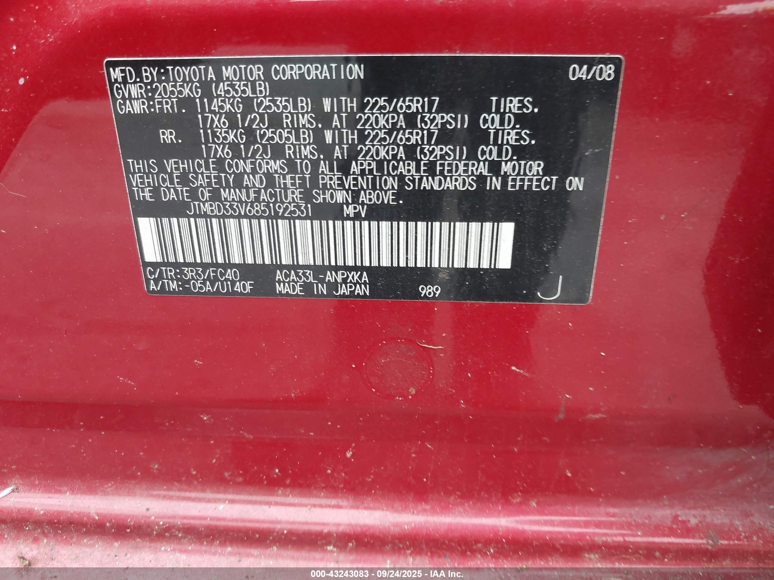 2008 Toyota Rav4   Red vin: JTMBD33V685192531