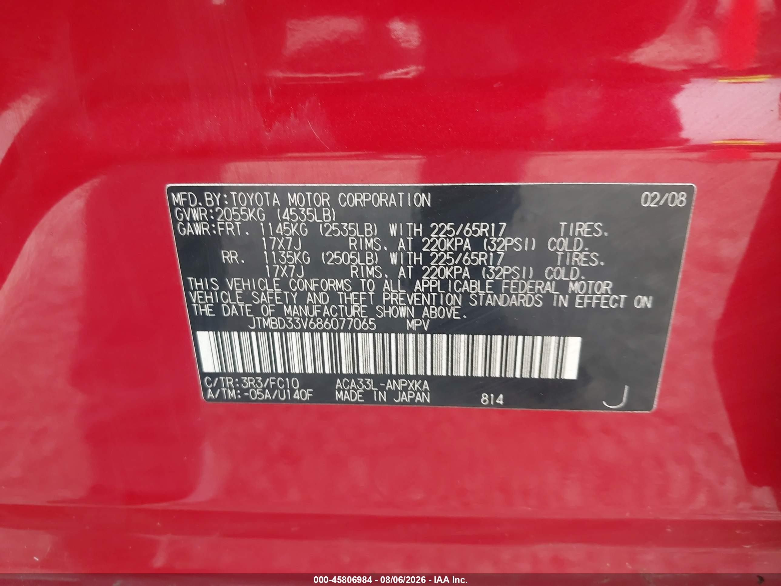 2008 Toyota Rav4   Red vin: JTMBD33V686077065