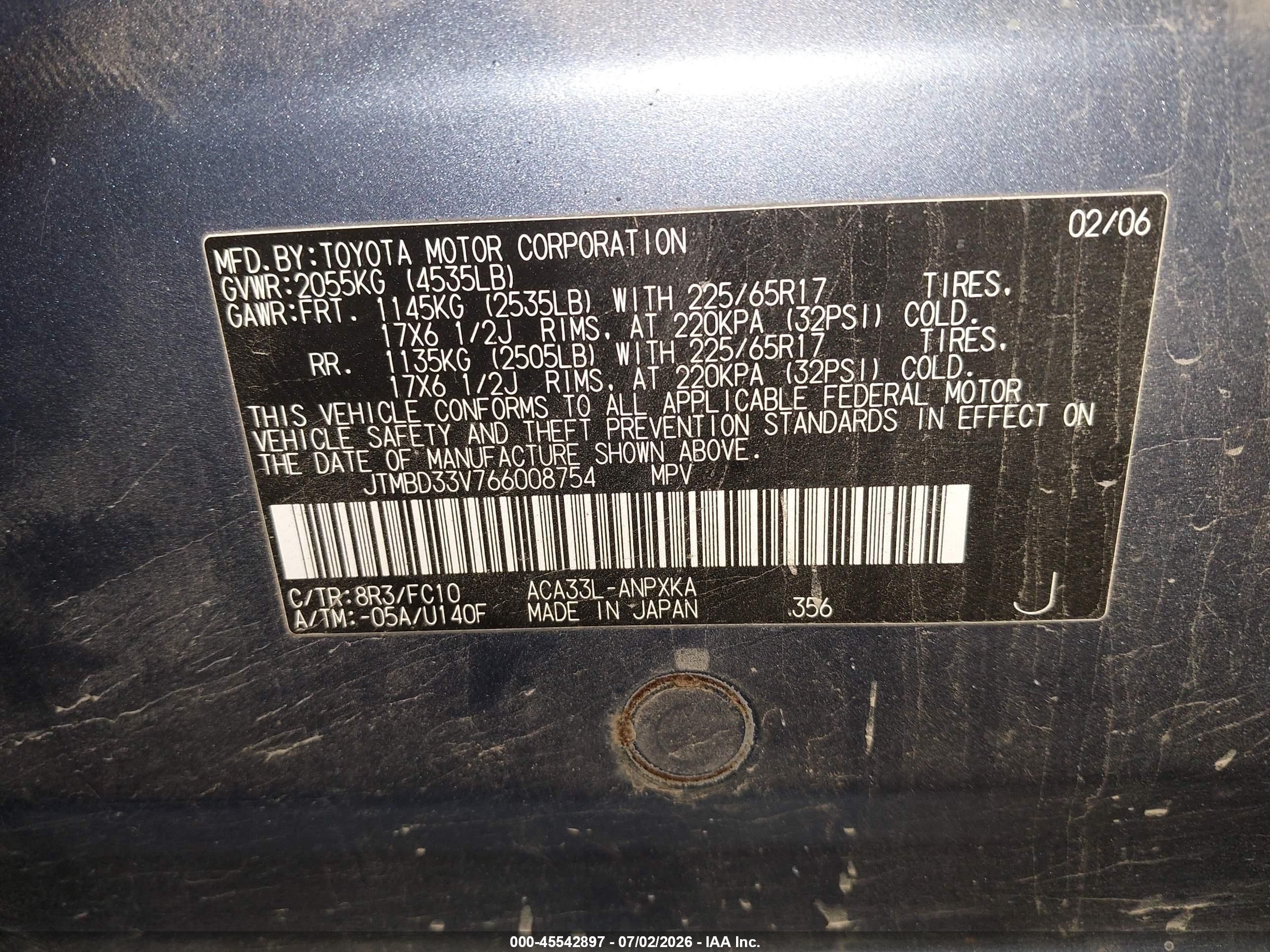 2006 Toyota Rav4   Blue vin: JTMBD33V766008754