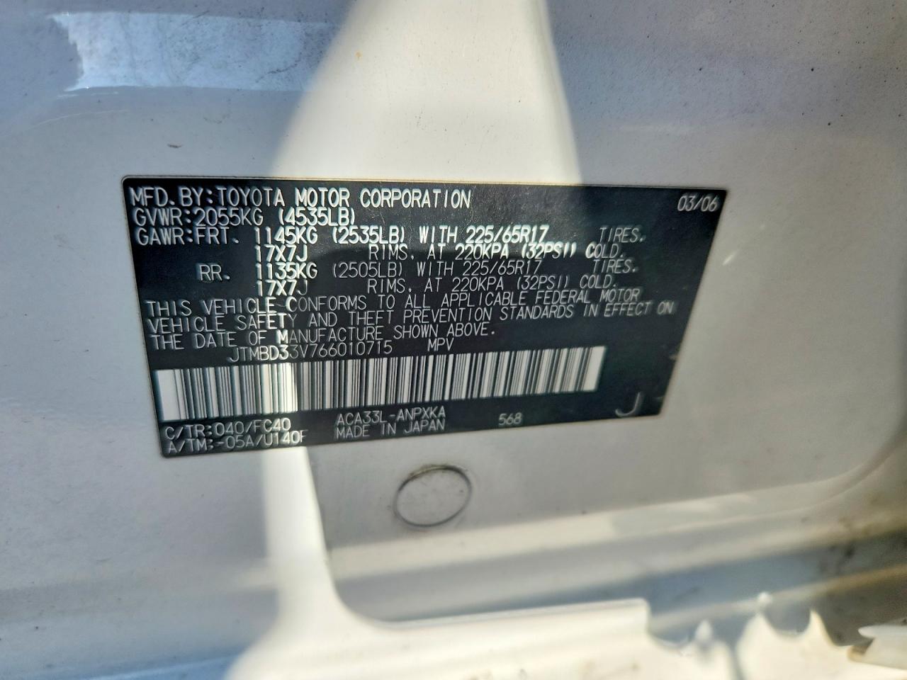 2006 Toyota Rav4 Base White vin: JTMBD33V766010715