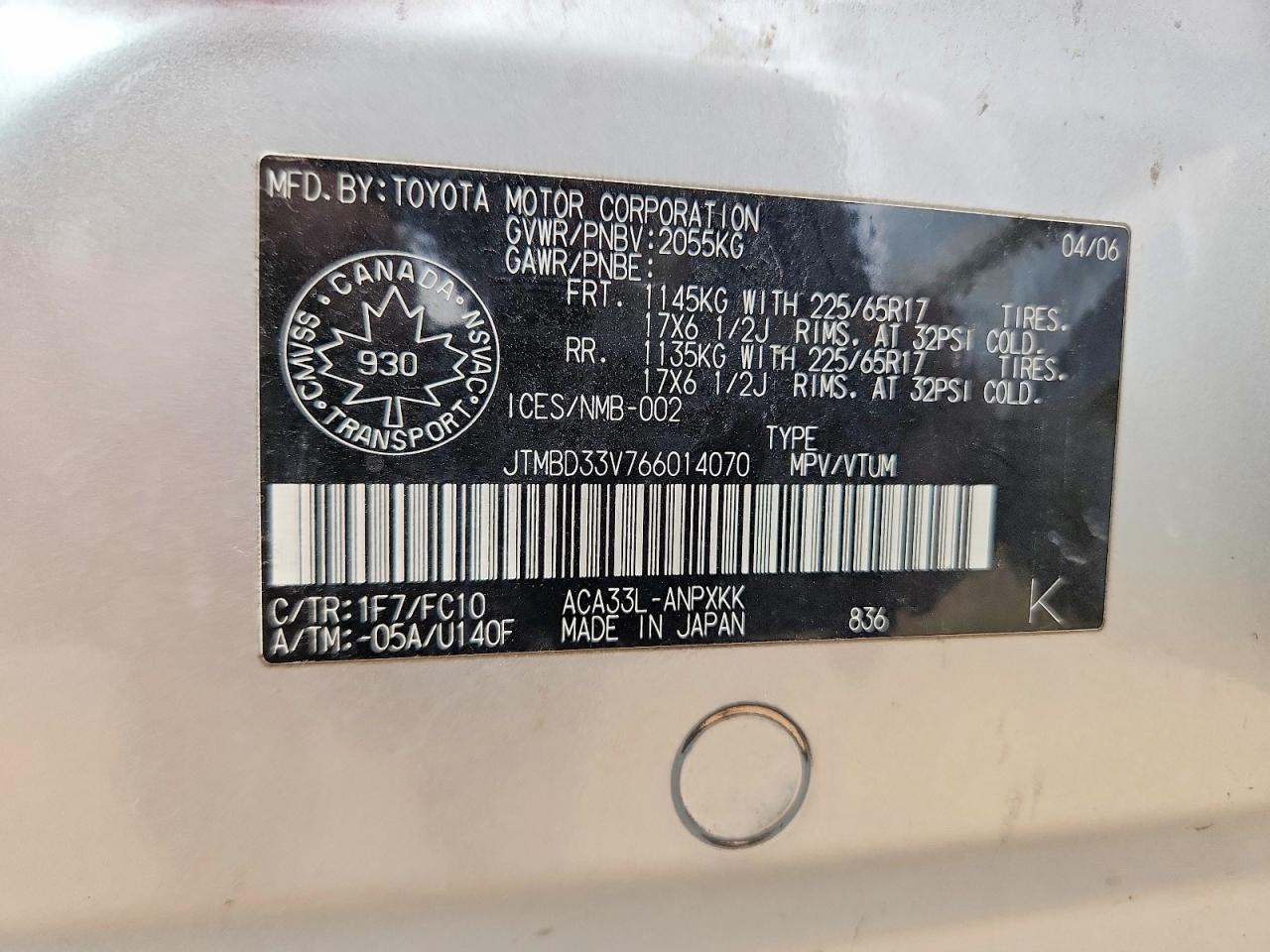2006 Toyota Rav4 Base Silver vin: JTMBD33V766014070