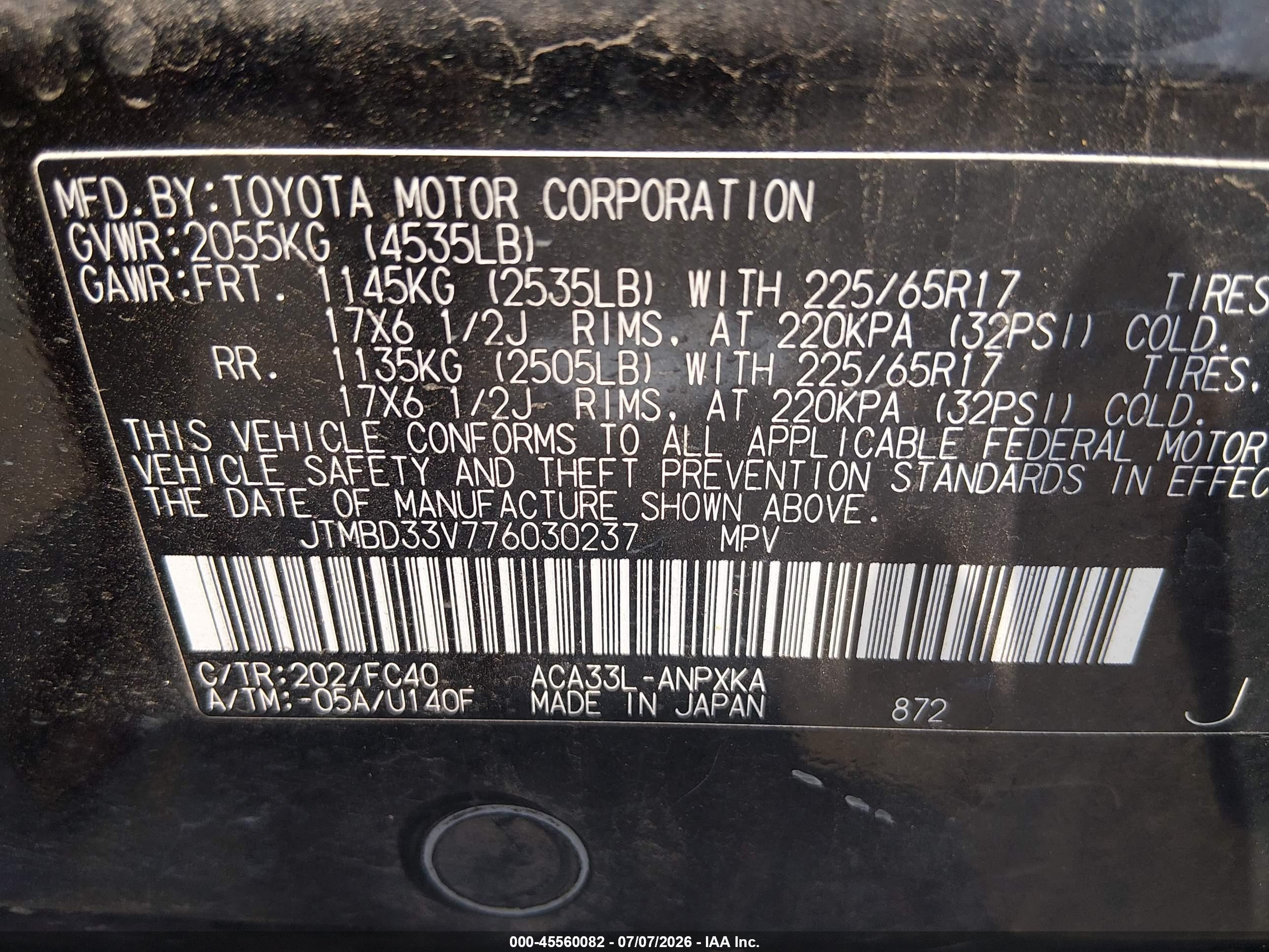2007 Toyota Rav4   Black vin: JTMBD33V776030237