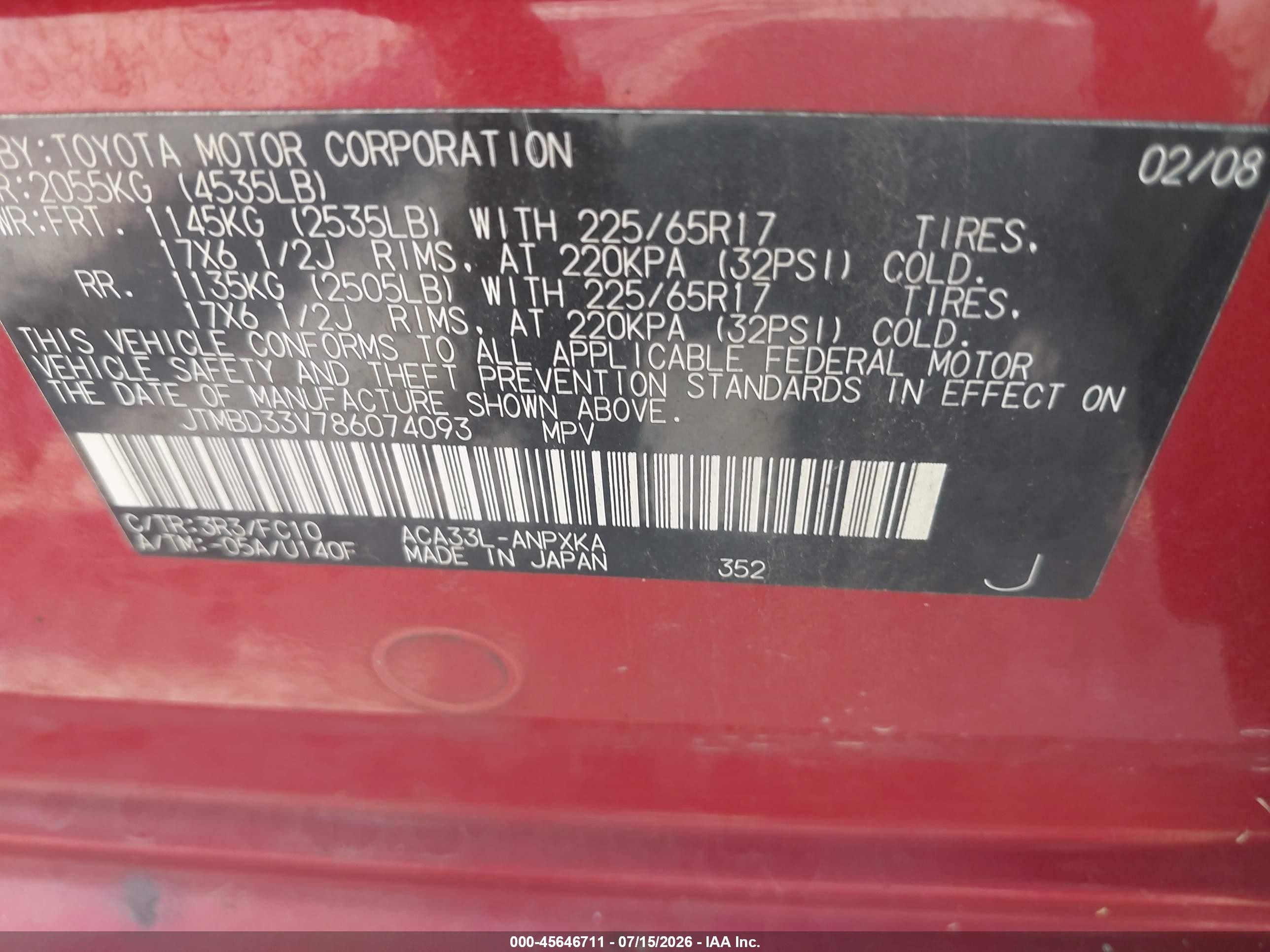 2008 Toyota Rav4   Red vin: JTMBD33V786074093
