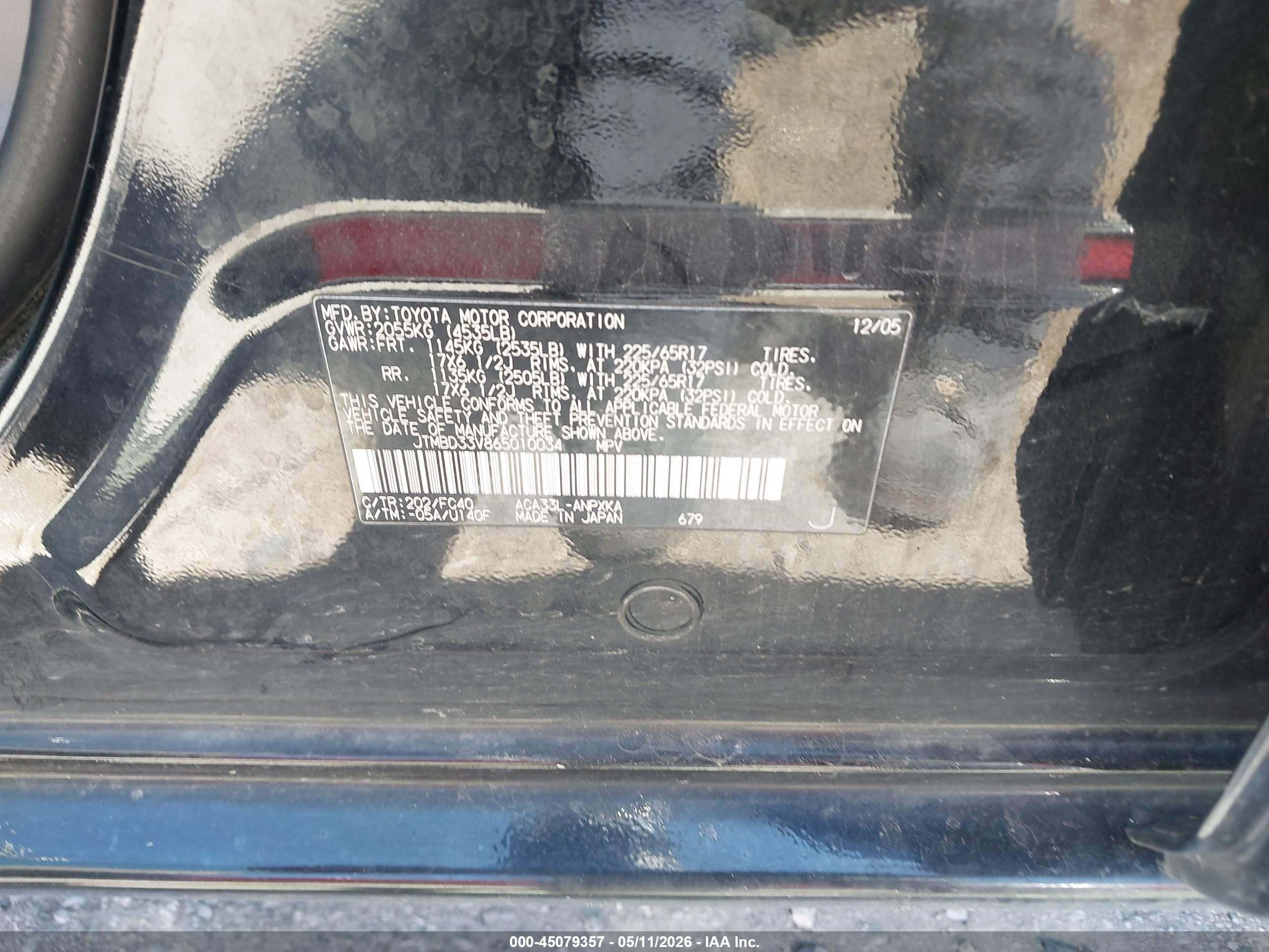 2006 Toyota Rav4   Black vin: JTMBD33V865010034