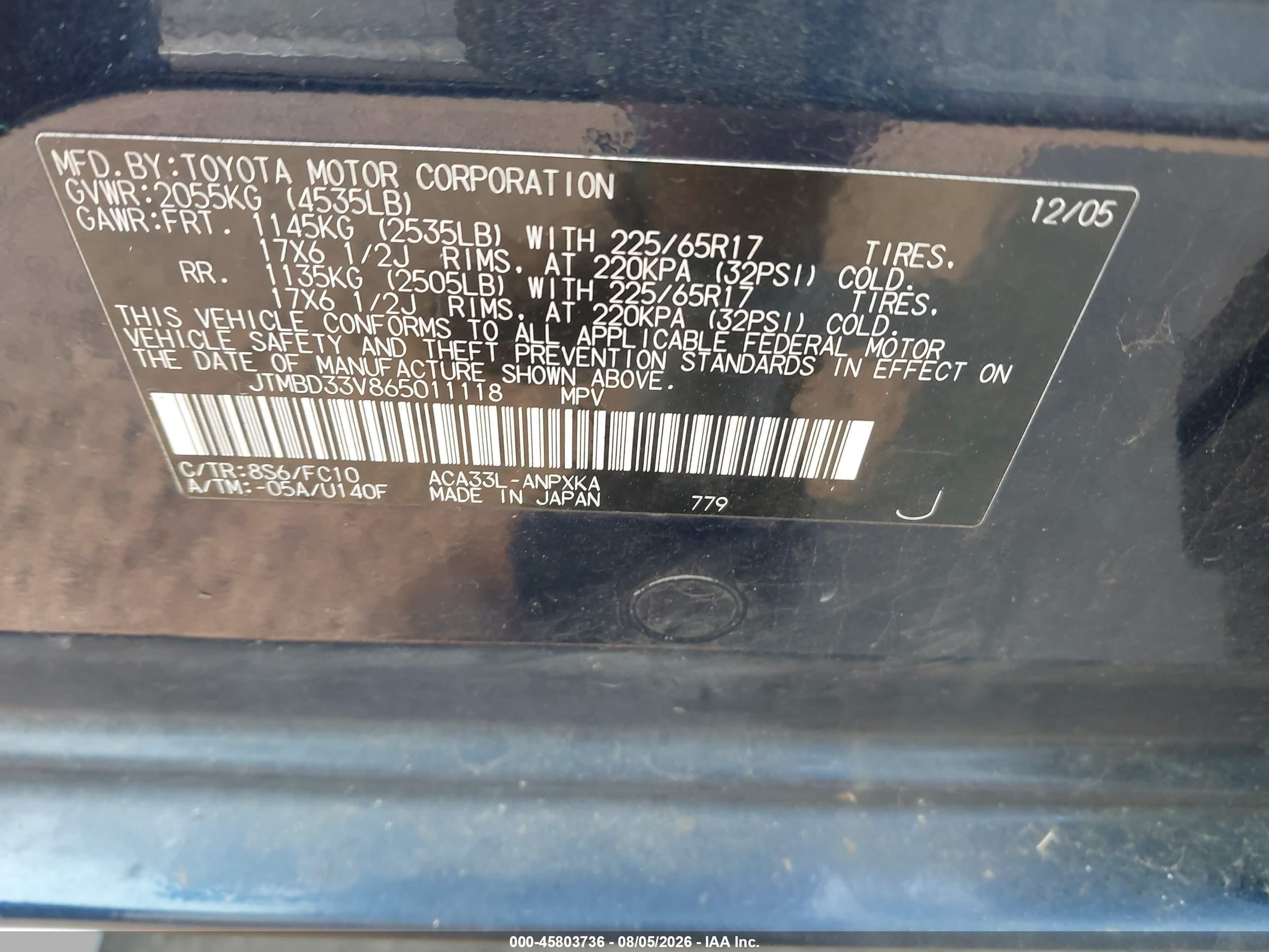 2006 Toyota Rav4   Blue vin: JTMBD33V865011118