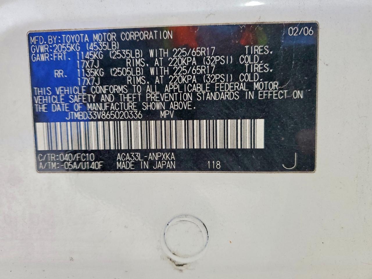 2006 Toyota Rav4 Base White vin: JTMBD33V865020336