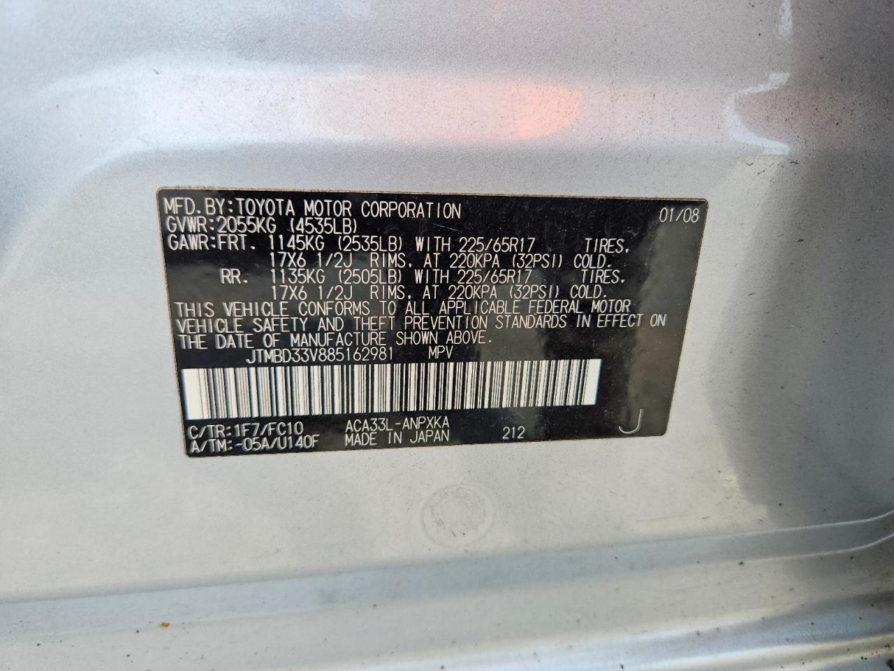 2008 Toyota Rav4 Base Silver vin: JTMBD33V885162981