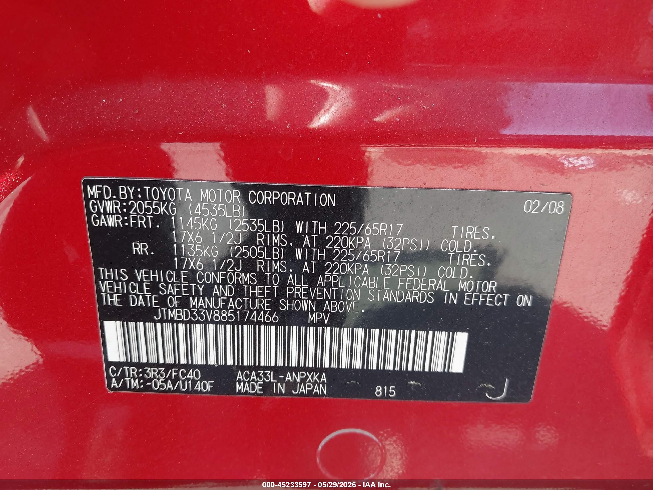 2008 Toyota Rav4   Red vin: JTMBD33V885174466