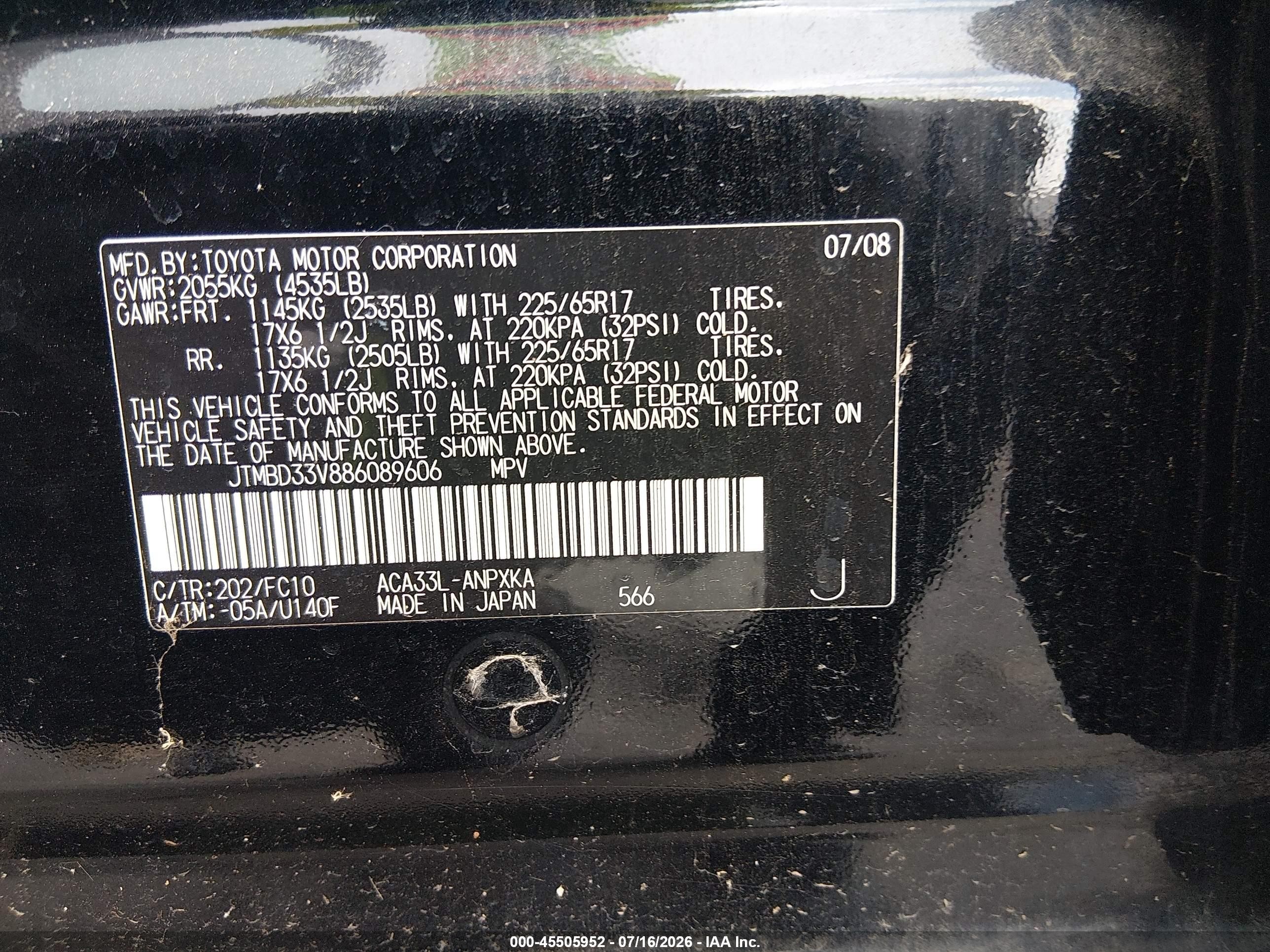 2008 Toyota Rav4   Black vin: JTMBD33V886089606