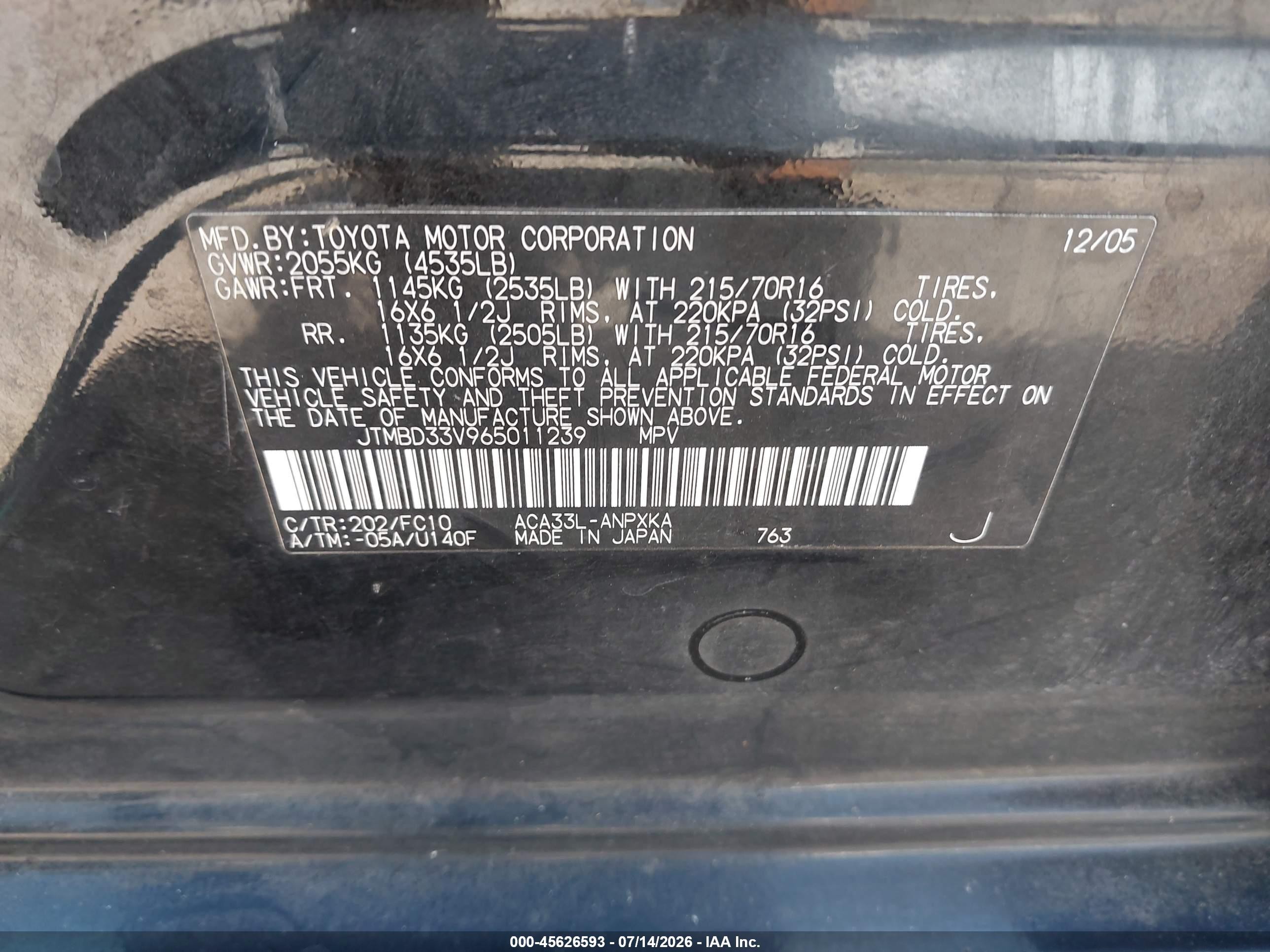 2006 Toyota Rav4   Black vin: JTMBD33V965011239