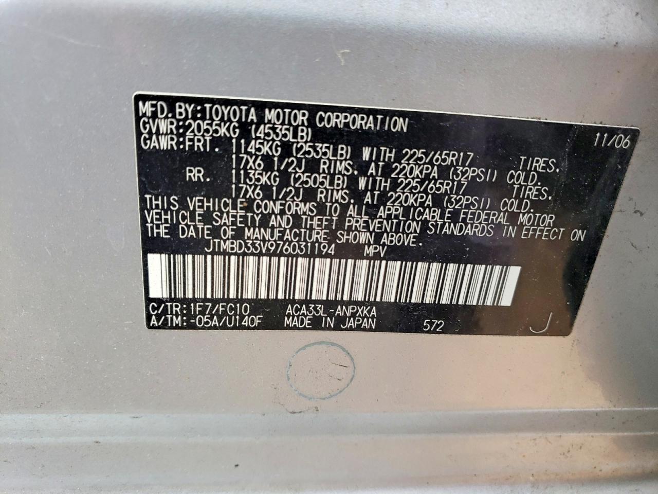 2007 Toyota Rav4 Base Silver vin: JTMBD33V976031194