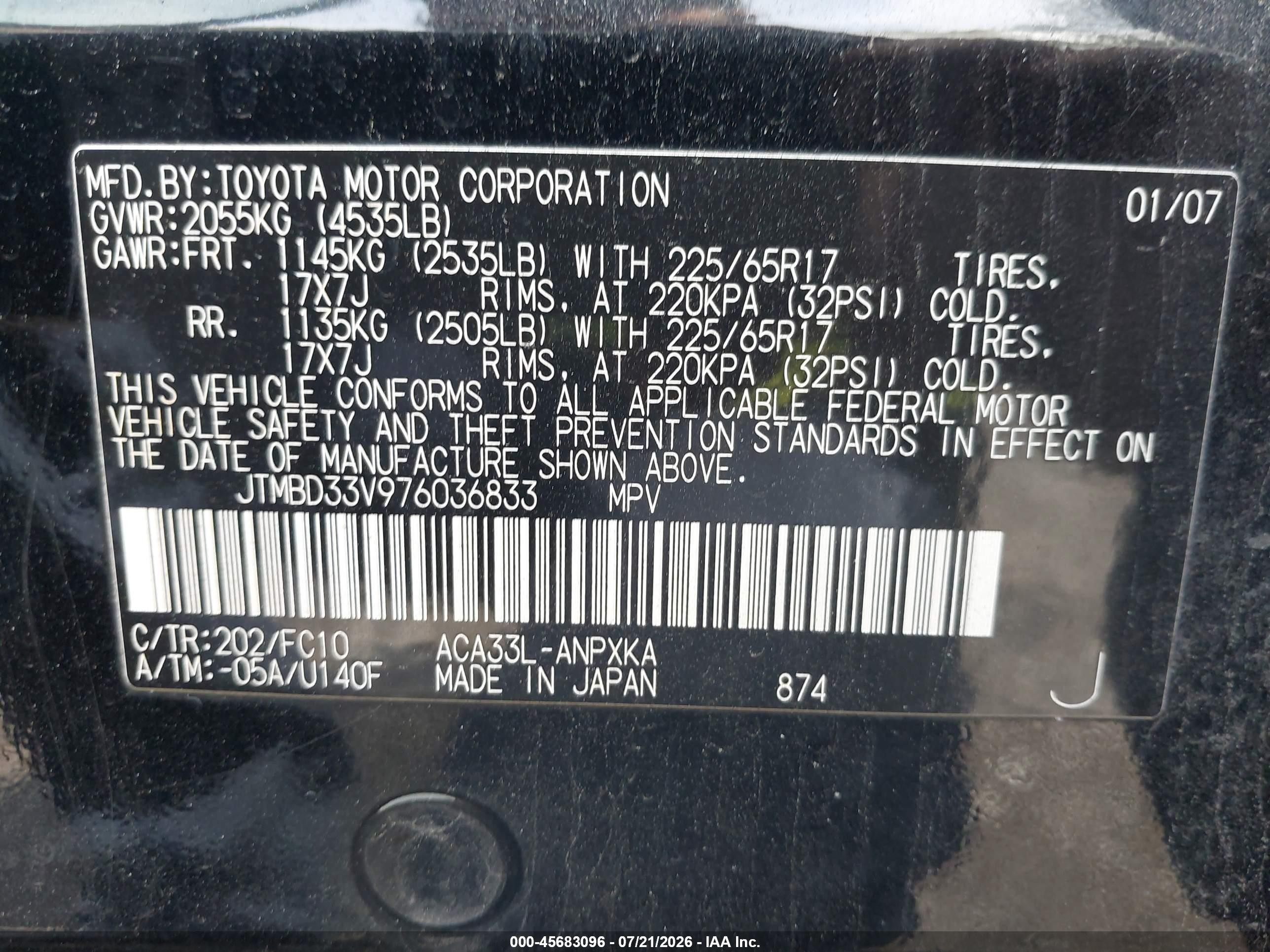 2007 Toyota Rav4   Black vin: JTMBD33V976036833