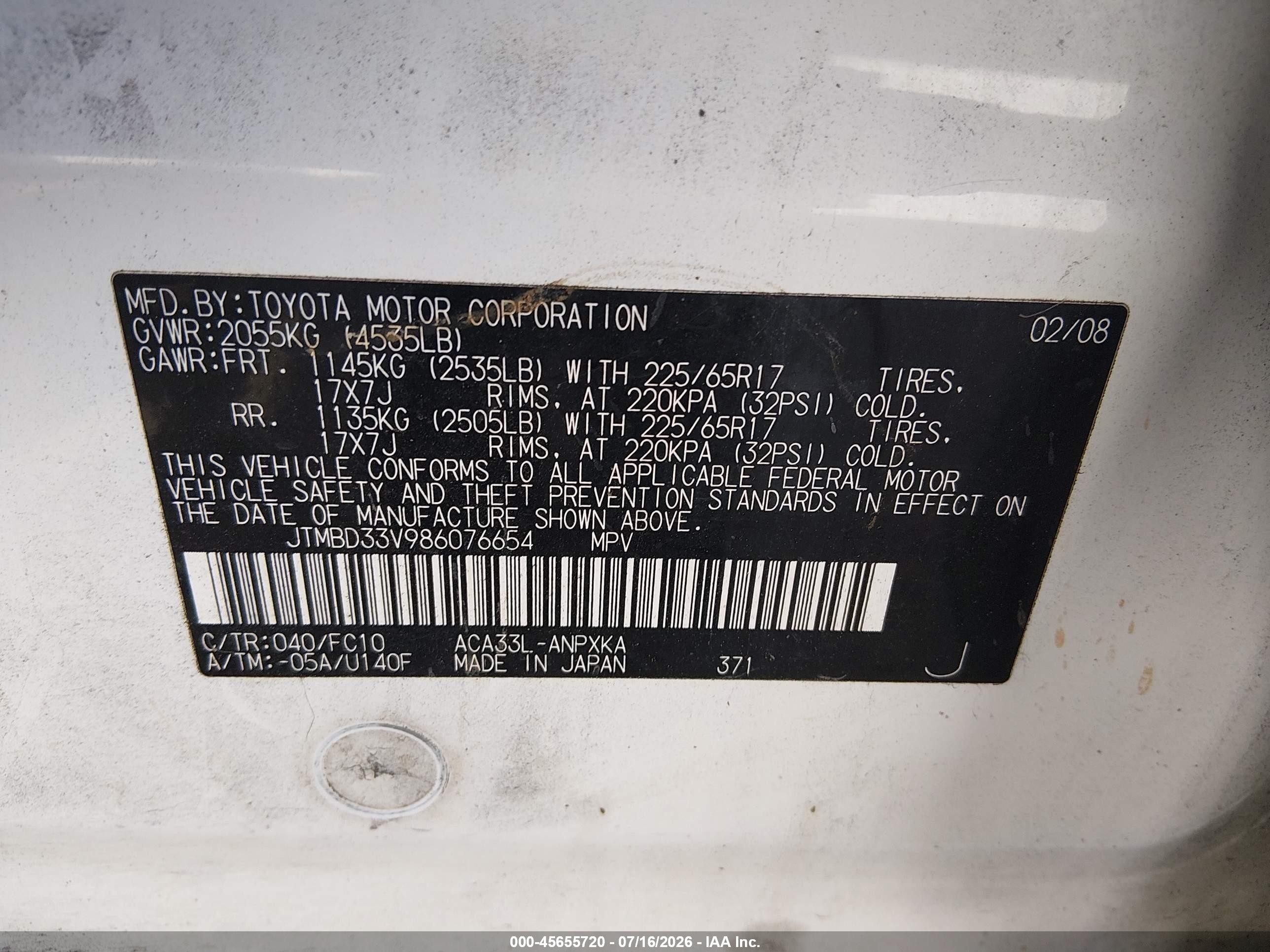 2008 Toyota Rav4   White vin: JTMBD33V986076654