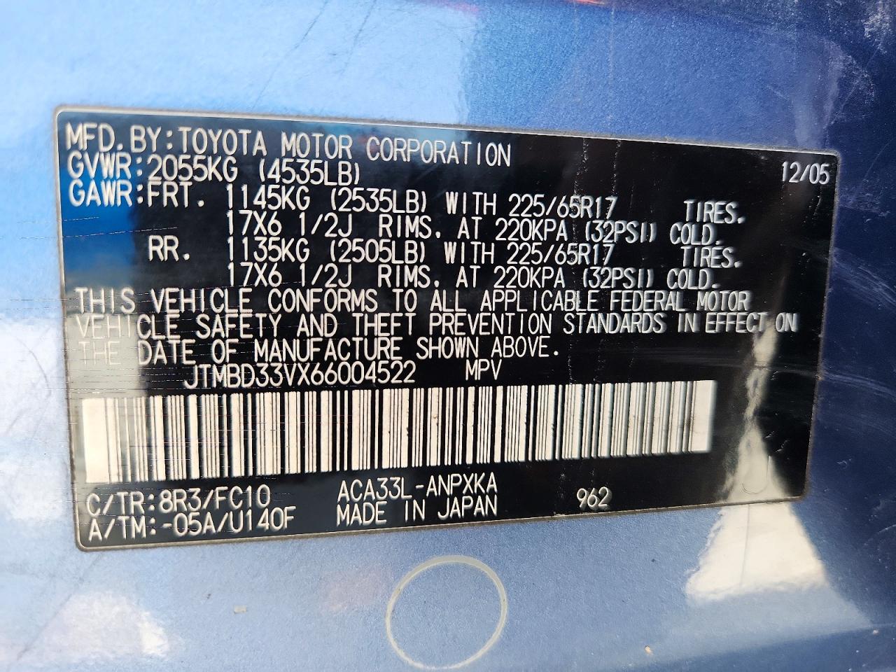 2006 Toyota Rav4 Base Blue vin: JTMBD33VX66004522