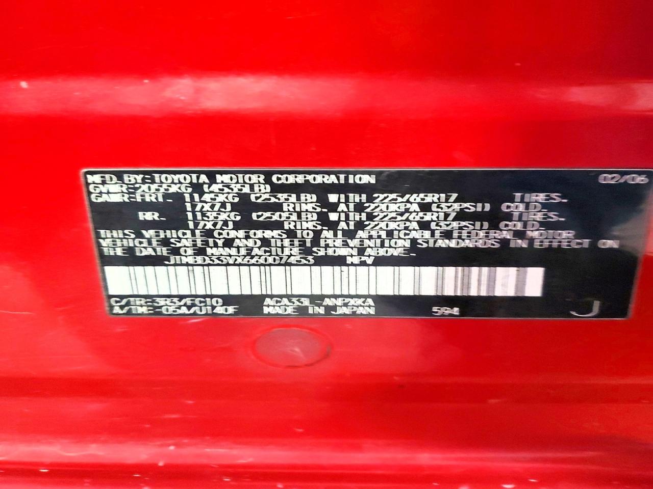 2006 Toyota Rav4 Base Red vin: JTMBD33VX66007453