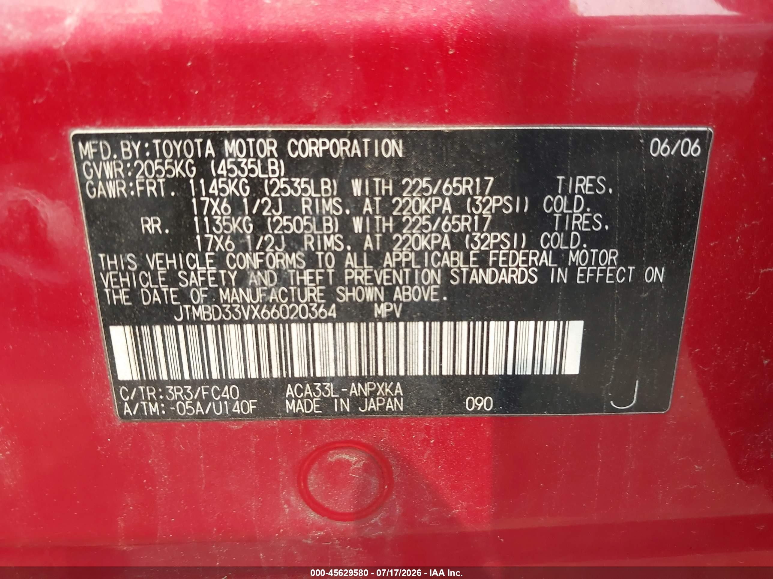 2006 Toyota Rav4   Красный vin: JTMBD33VX66020364