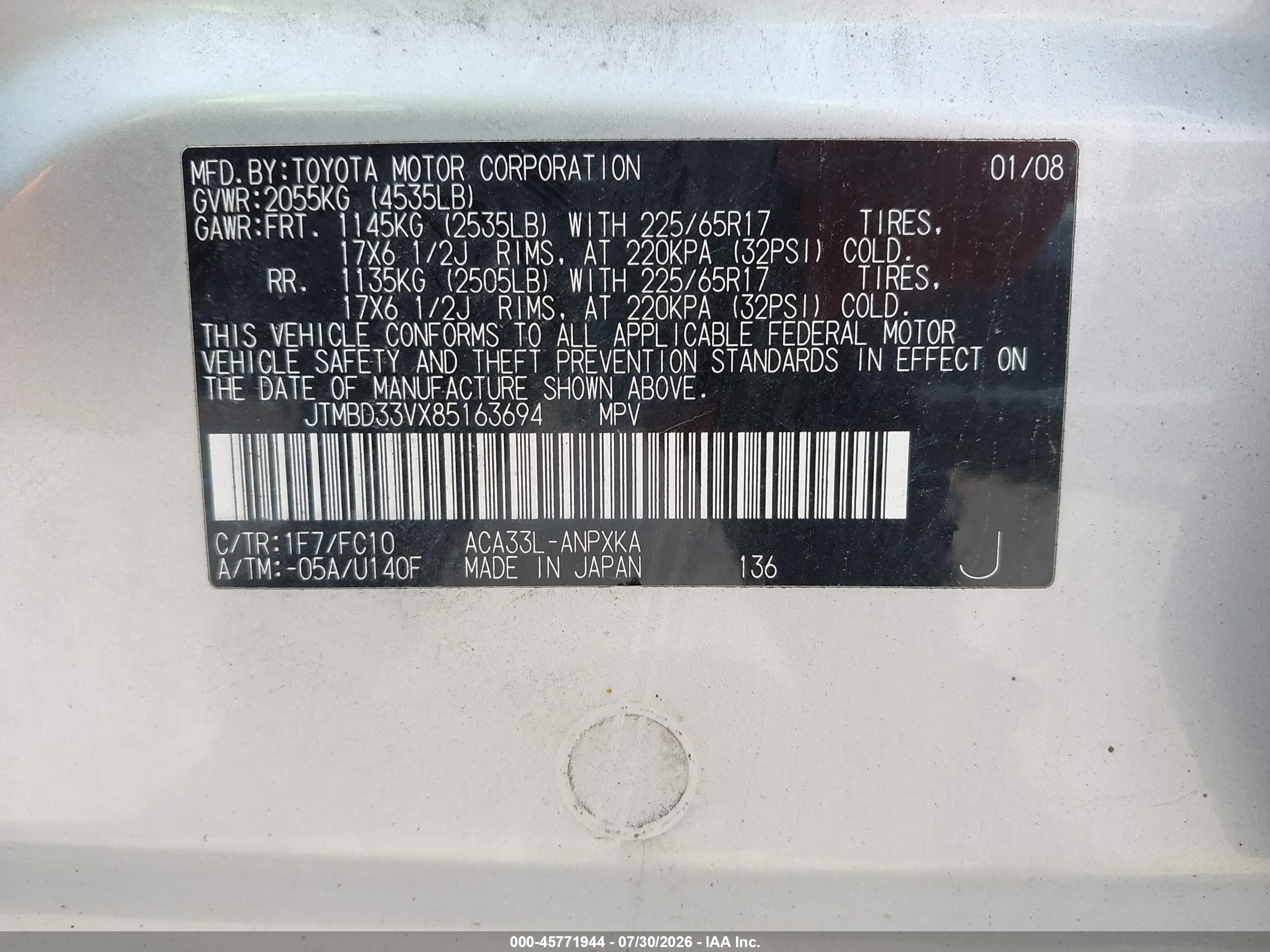 2008 Toyota Rav4   Silver vin: JTMBD33VX85163694