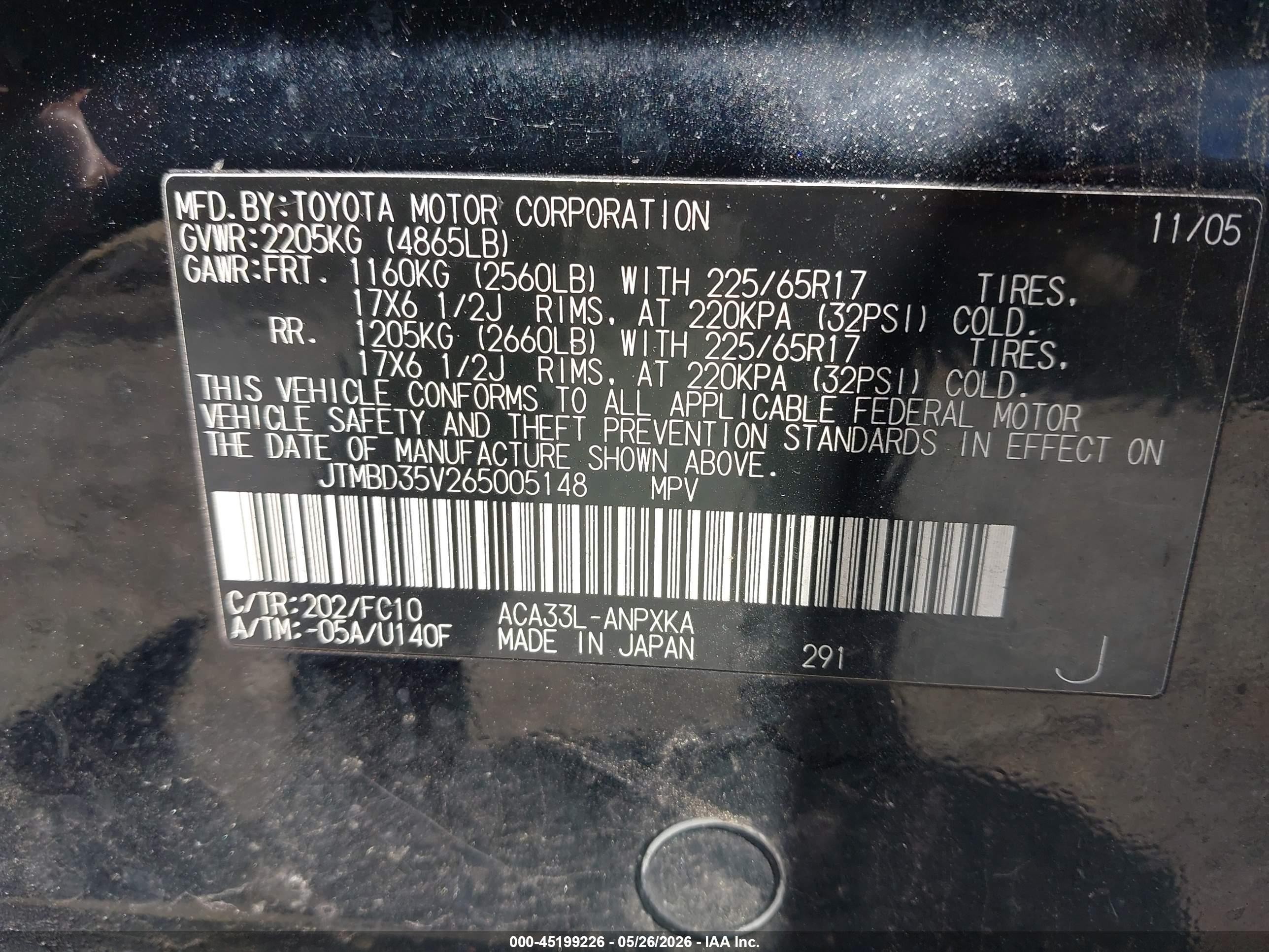 2006 Toyota Rav4   Black vin: JTMBD35V265005148