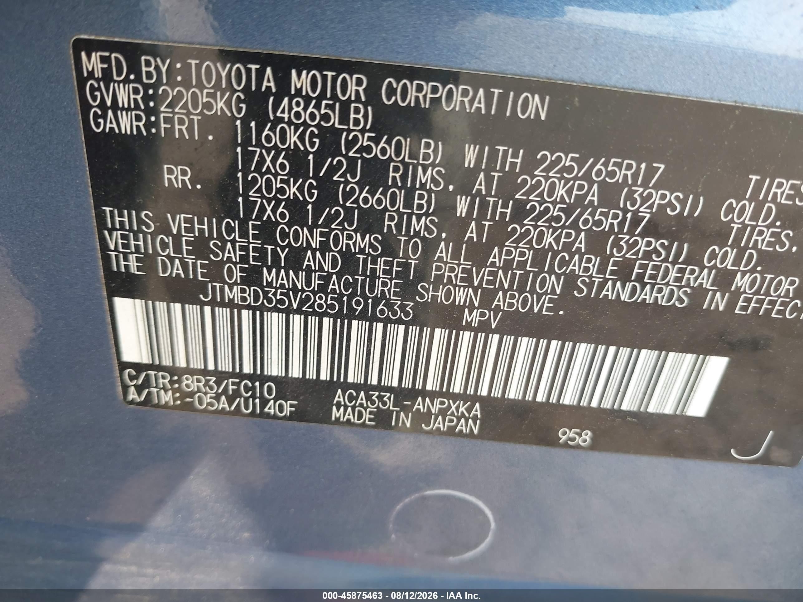 2008 Toyota Rav4   Blue vin: JTMBD35V285191633