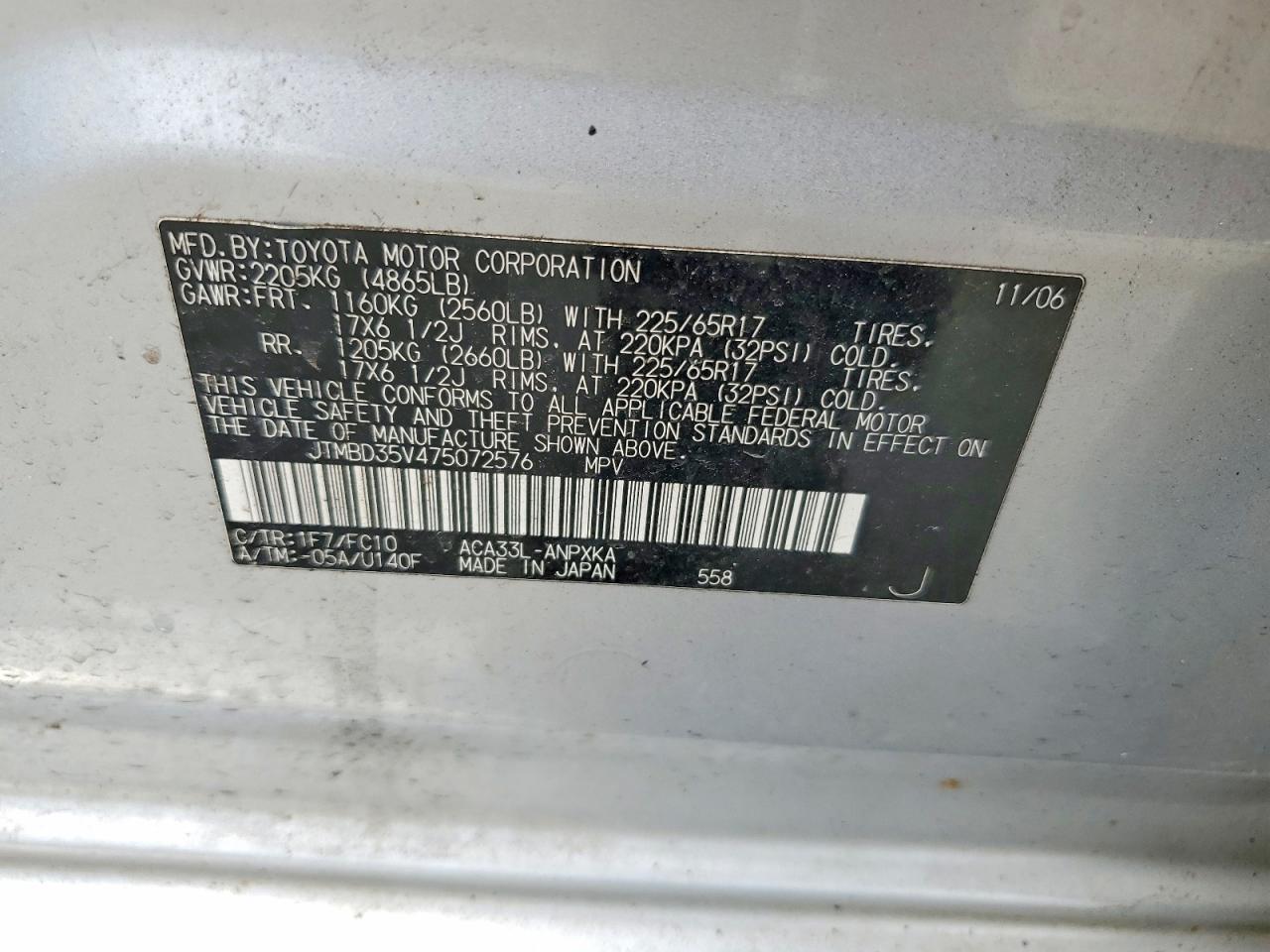 2007 Toyt Rav4 Silver vin: JTMBD35V475072576