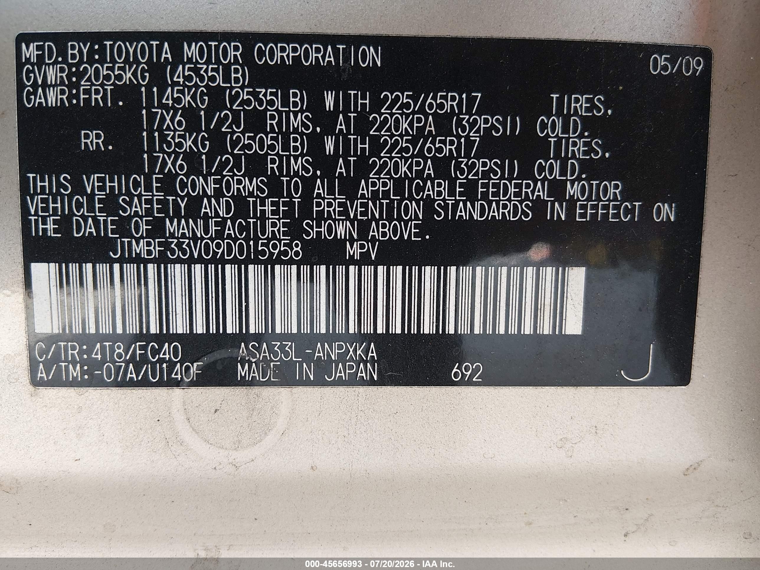 2009 Toyota Rav4   Champagne vin: JTMBF33V09D015958