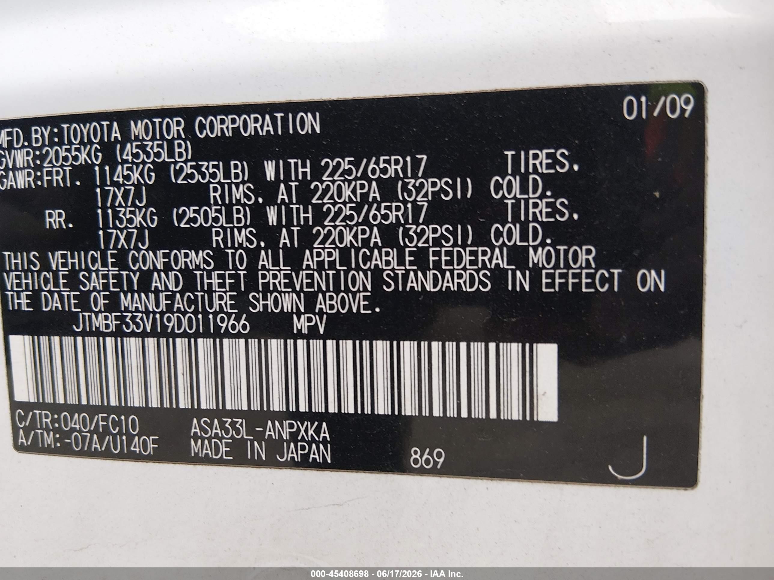 2009 Toyota Rav4   White vin: JTMBF33V19D011966