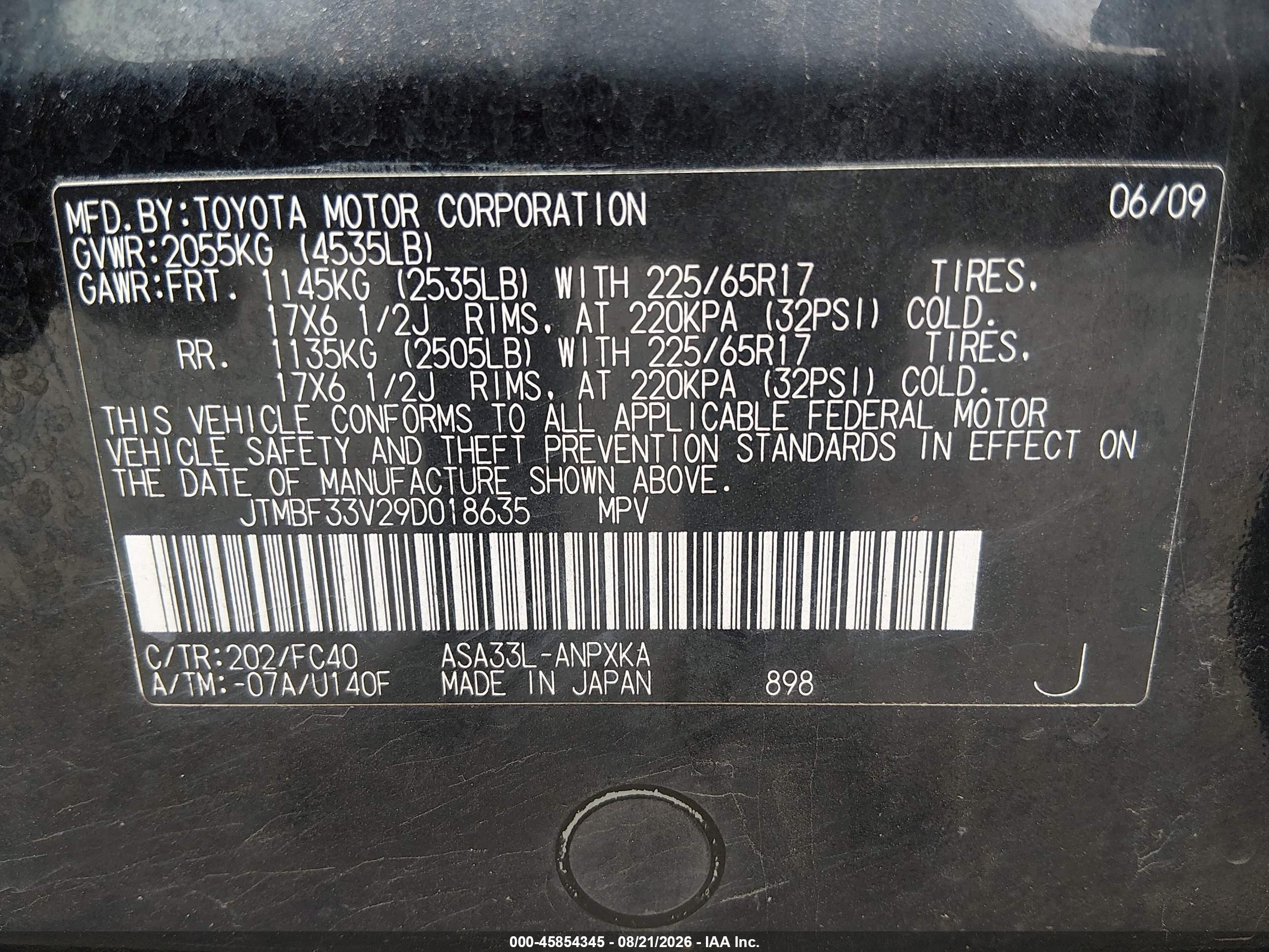 2009 Toyota Rav4   Black vin: JTMBF33V29D018635