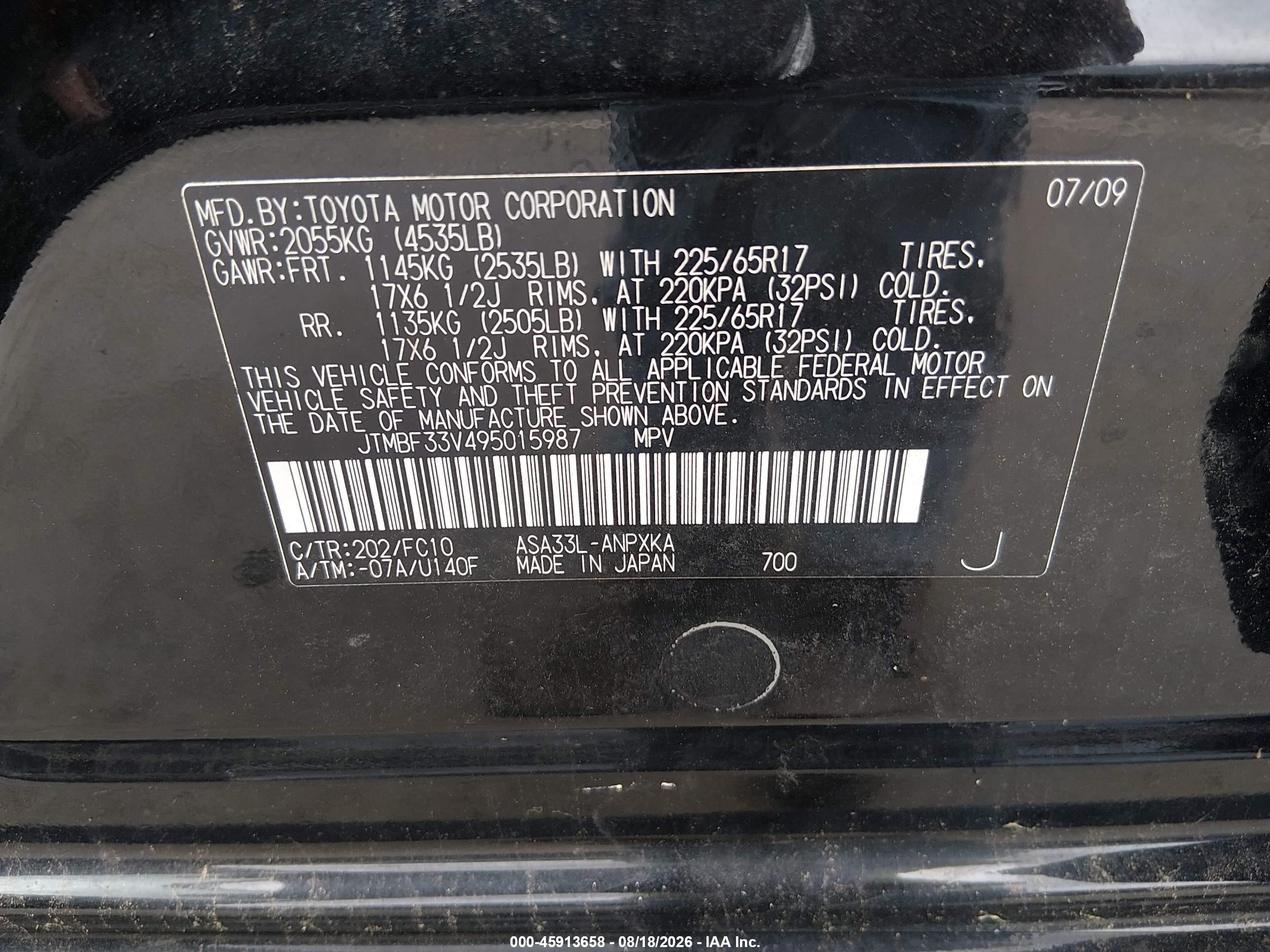 2009 Toyota Rav4   Black vin: JTMBF33V495015987