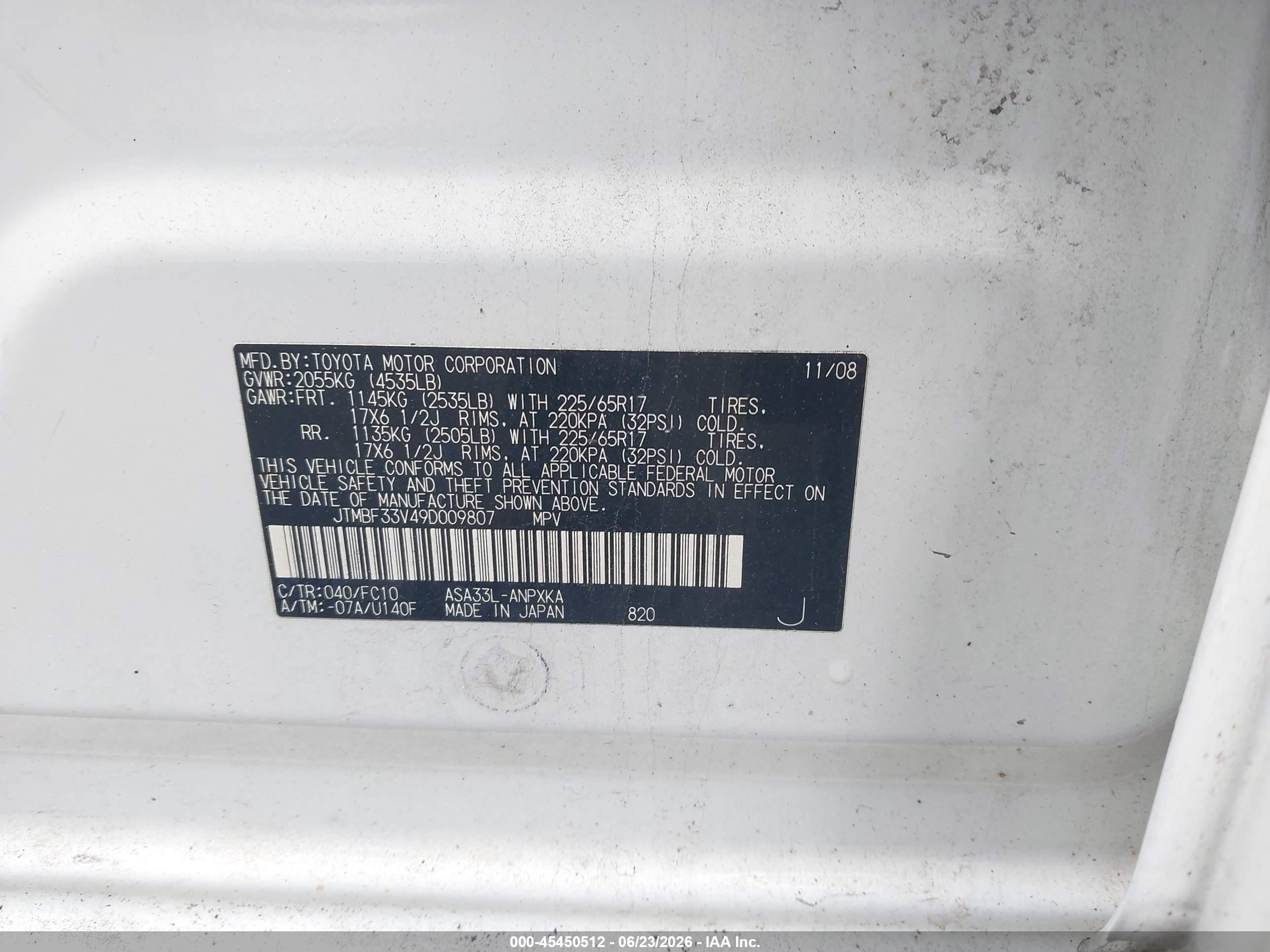 2009 Toyota Rav4   White vin: JTMBF33V49D009807