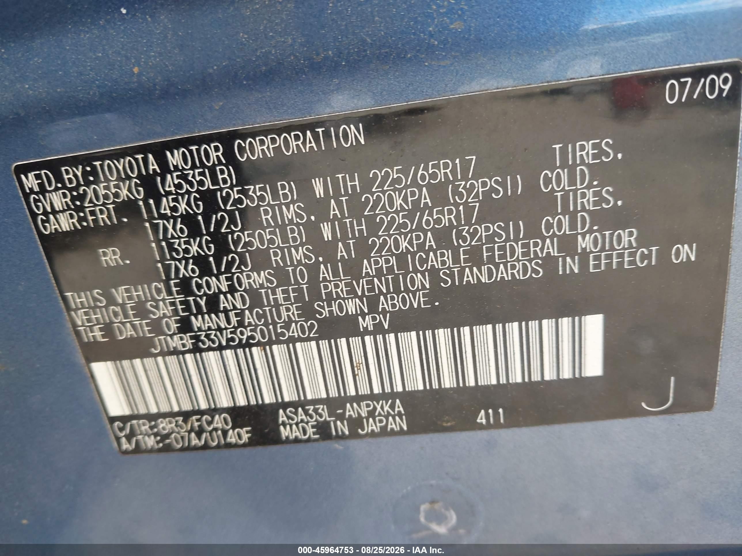2009 Toyota Rav4   Blue vin: JTMBF33V595015402