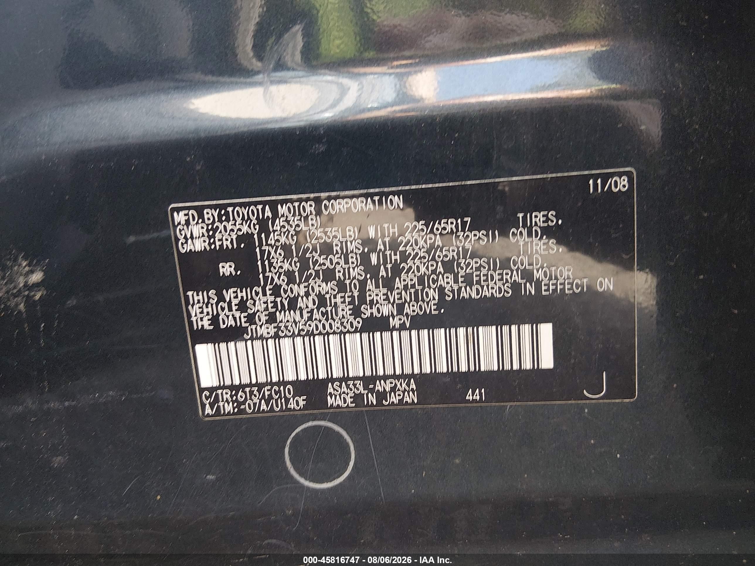 2009 Toyota Rav4 Black vin: JTMBF33V59D008309