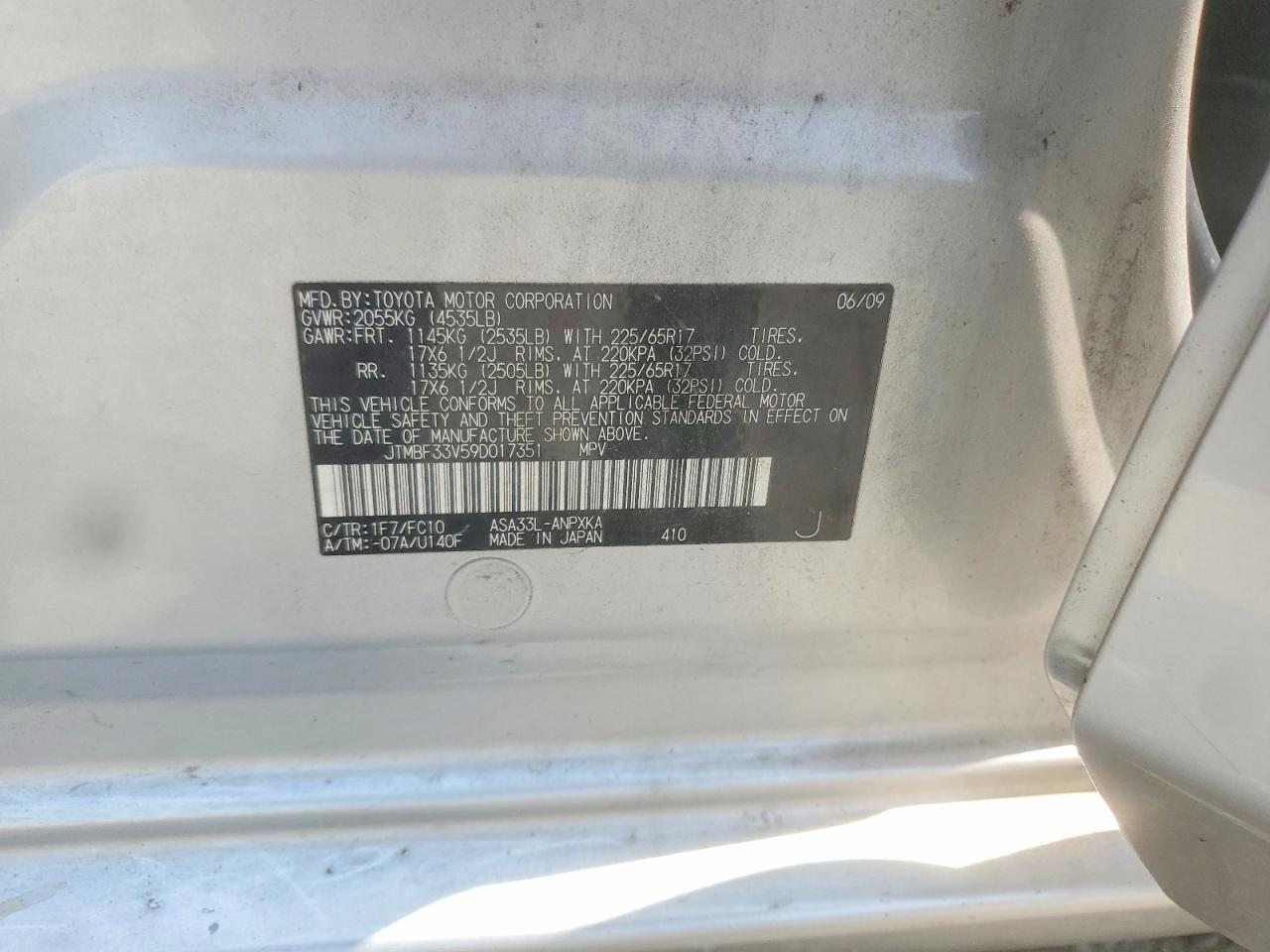 2009 Toyota Rav4 Base Silver vin: JTMBF33V59D017351