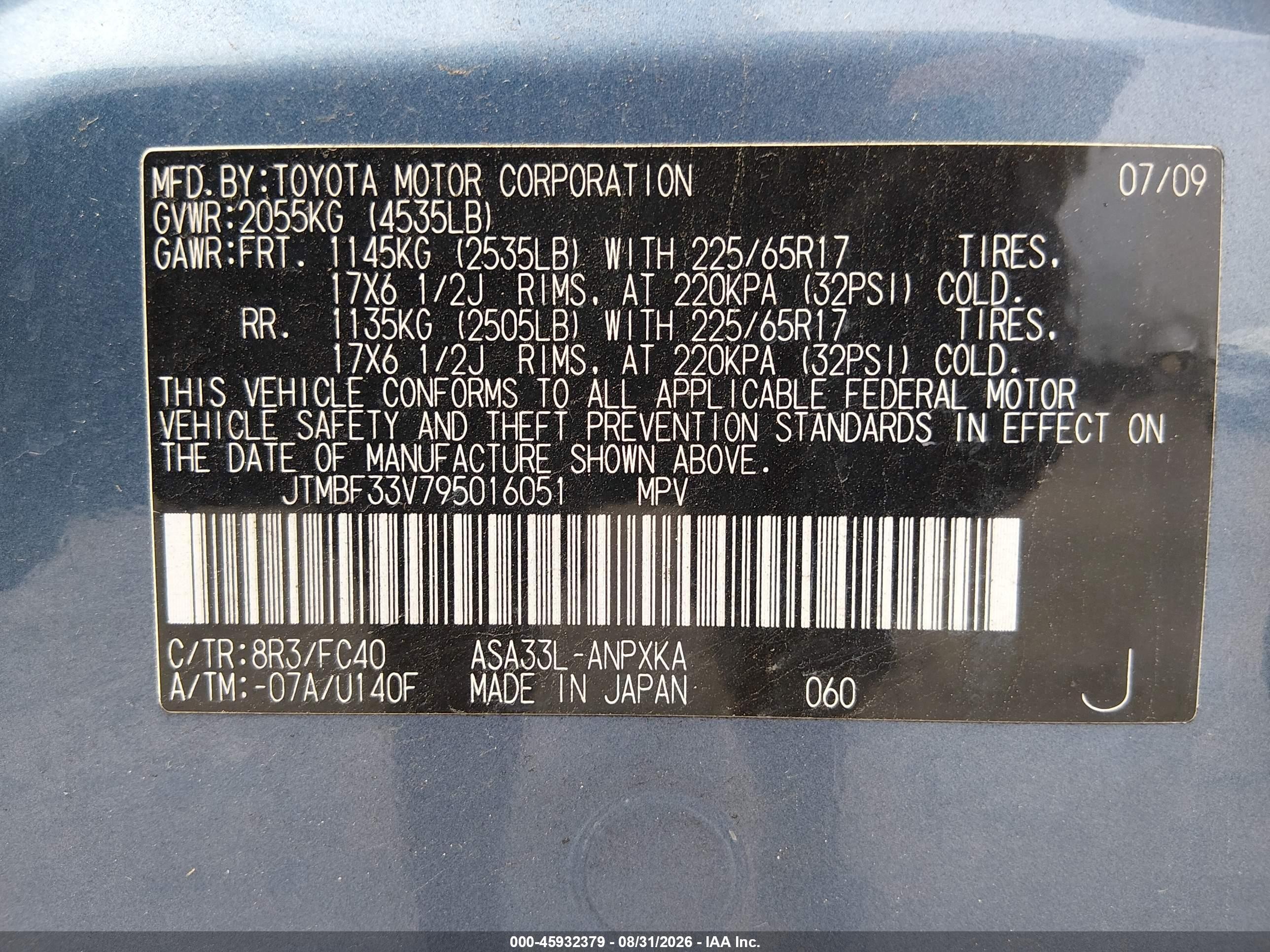 2009 Toyota Rav4   Light Blue vin: JTMBF33V795016051