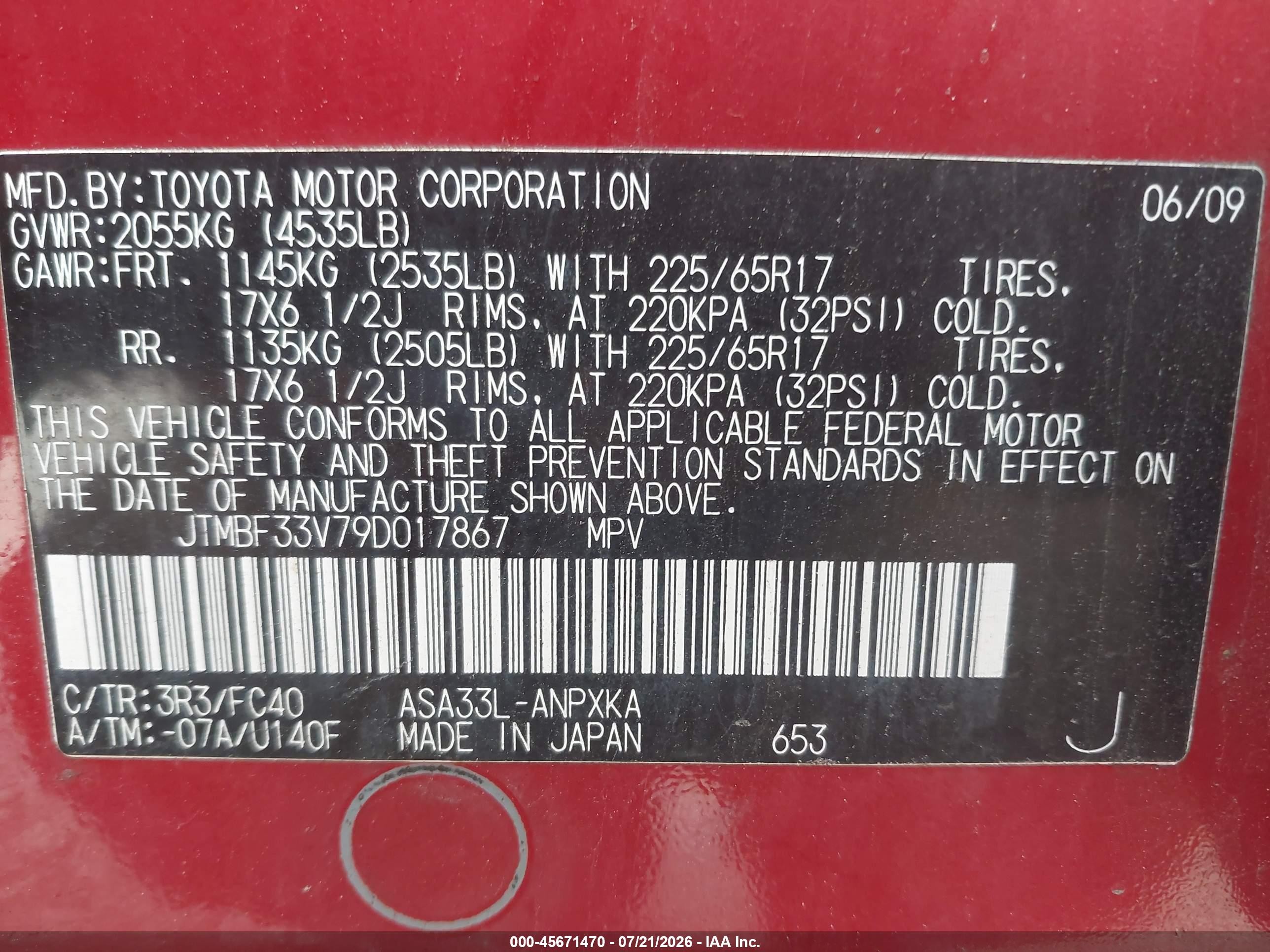 2009 Toyota Rav4   Red vin: JTMBF33V79D017867