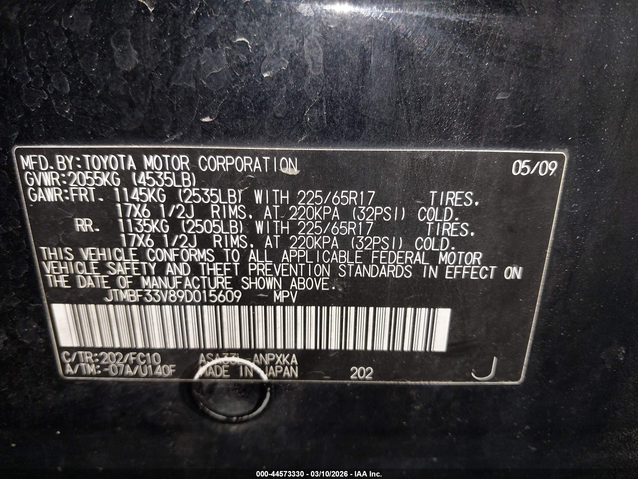 2009 Toyota Rav4   Black vin: JTMBF33V89D015609
