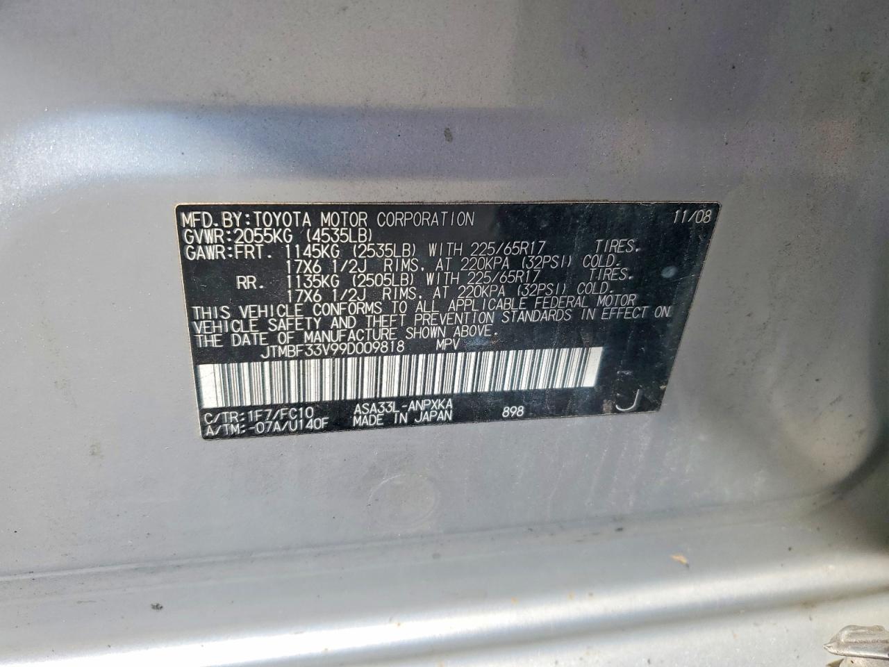 2009 Toyota Rav4 Base Silver vin: JTMBF33V99D009818